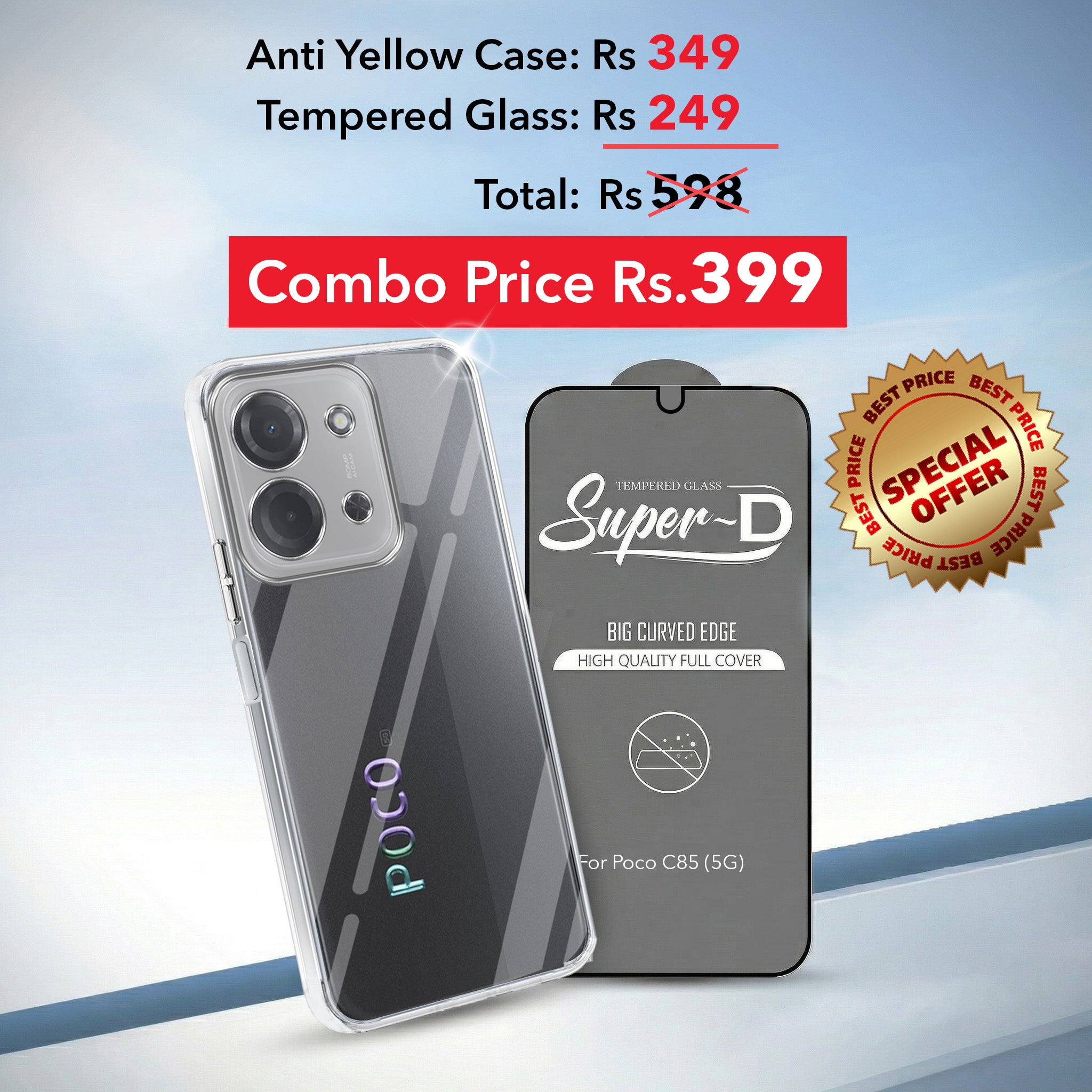 For Poco C85 5G Combo with Back Cover and 9H Tempered Glass (Lifetime Anti-Yellow | Sleek Hard Crystal | Oleophobic Coating Screen Glass)