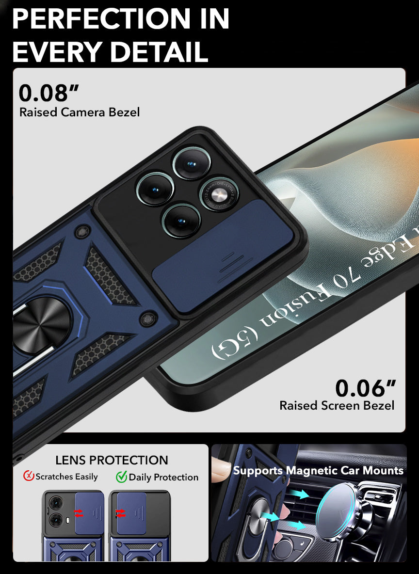 For Motorola Moto Edge 70 Fusion Back Cover Case Hybrid Armor (Sliding Shutter Camera Protection | Polycarbonate |Ring Holder Kickstand)