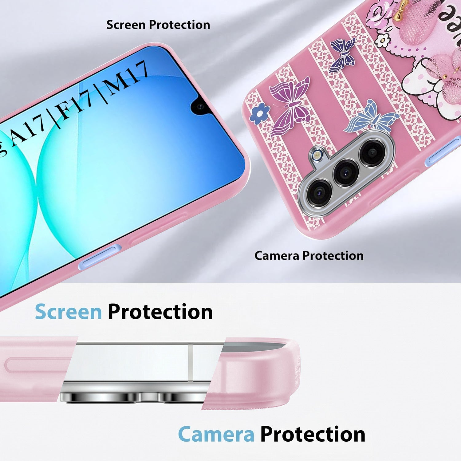 For Samsung Galaxy A17 | Samsung F17 | Samsung M17 5G Back Cover Case (3D Cute Heart Strap Holder | Camera Protection | Designer Girls Print)