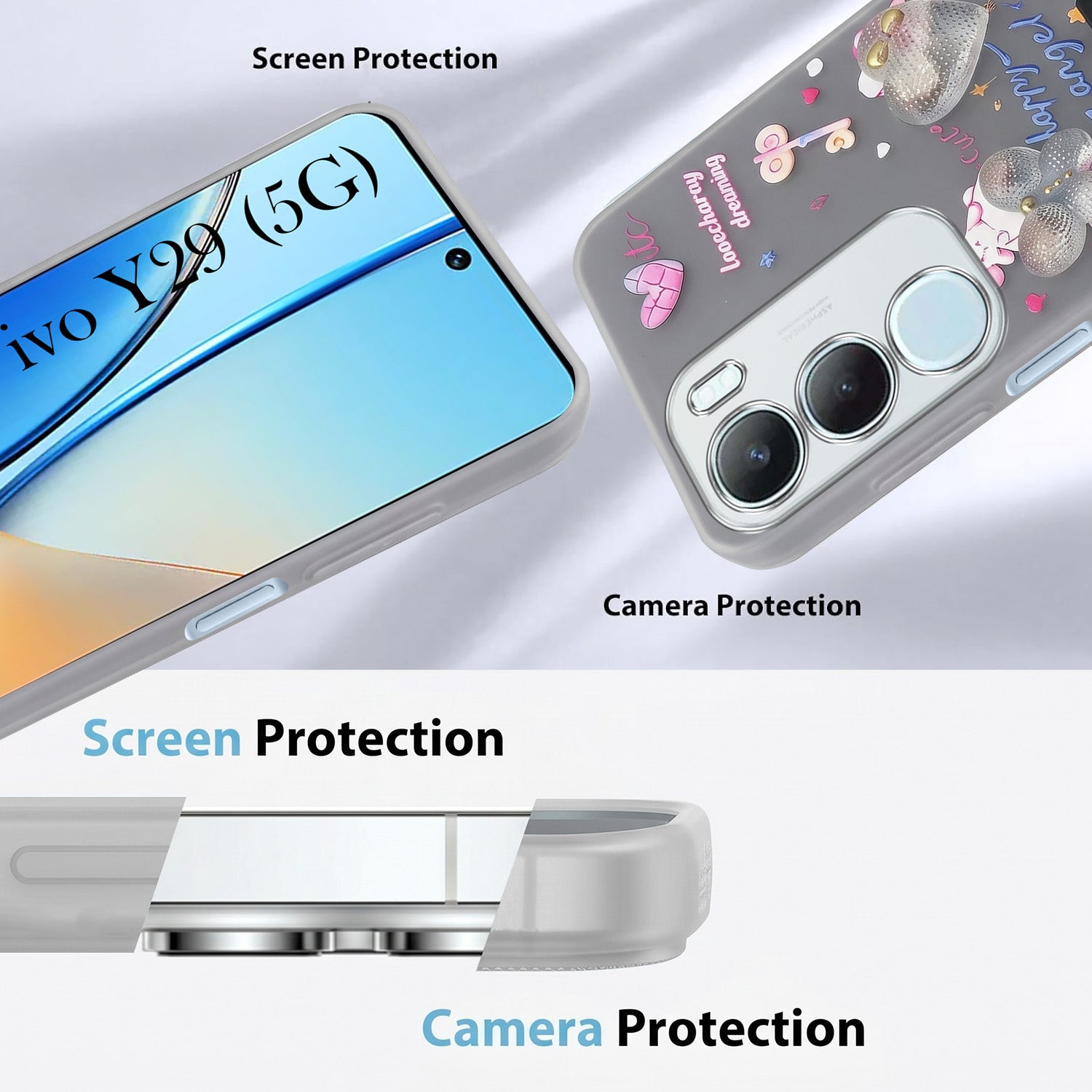 For Vivo Y29 Back Cover Case (3D Cute Heart Strap Holder | Camera Protection | Designer Girls Print)