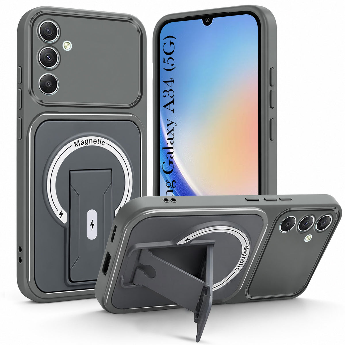 For Samsung Galaxy A34 5G Back Case Cover Metallic (Hybrid Armor Kickstand | MagSafe Compatible | Camera Protection Shockproof)