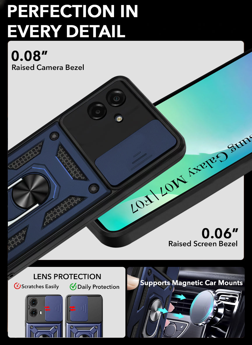 For Samsung Galaxy M07 | Samsung Galaxy F07 Back Cover Case Hybrid Armor (Sliding Shutter Camera Protection | Polycarbonate |Ring Holder Kickstand)