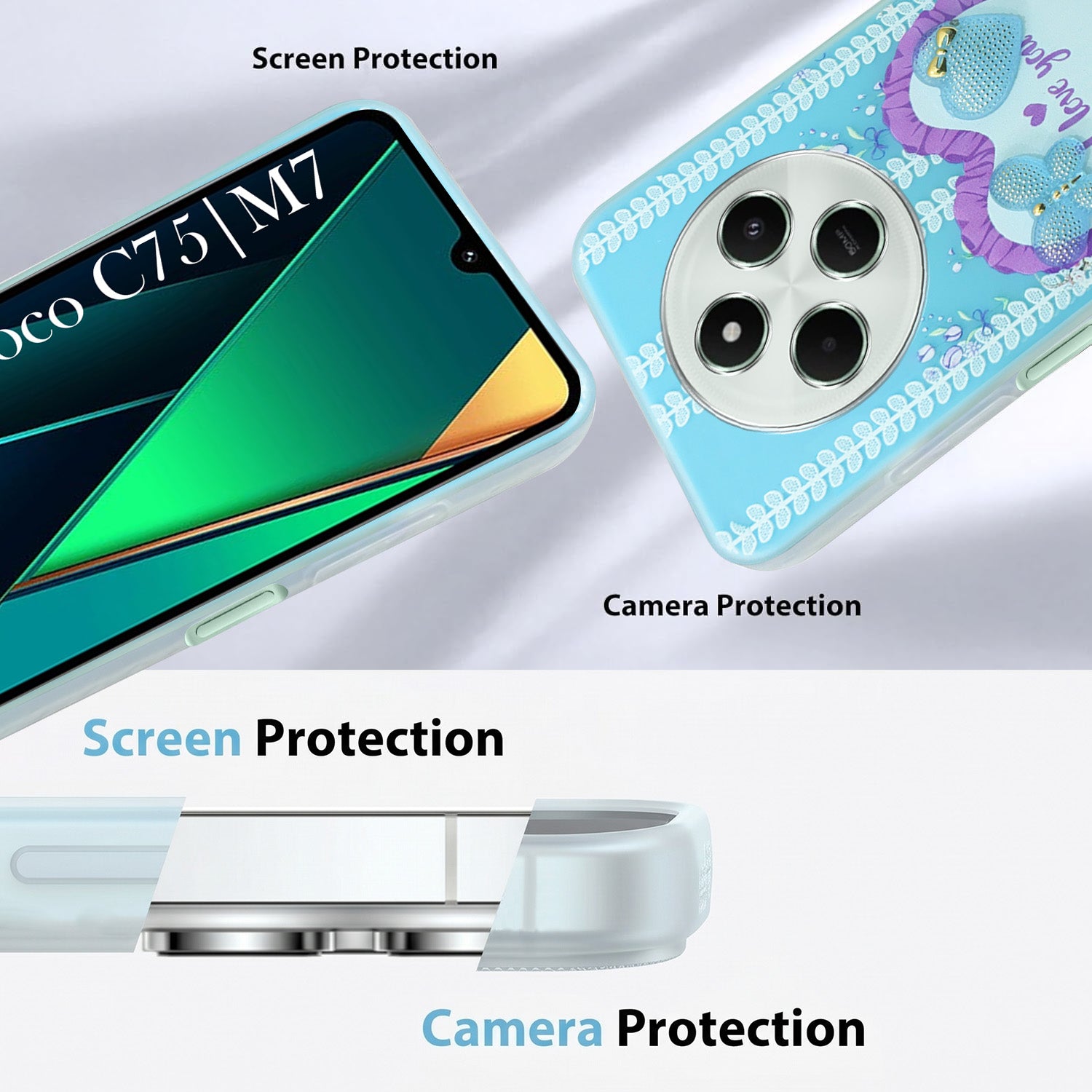 For Poco C75 | Poco M7 Back Cover Case (3D Cute Heart Strap Holder | Camera Protection | Designer Girls Print)