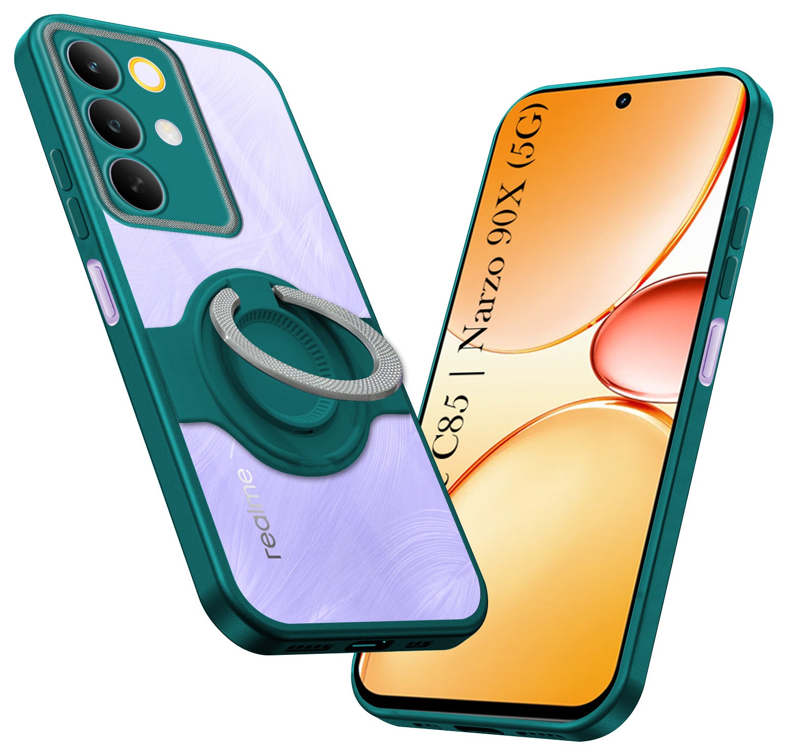 For Realme C85 5G | Realme Narzo 90x Back Cover Case with stand (Built-in Ring Holder Kickstand | Lifetime Anti Yellow | Camera Protection)