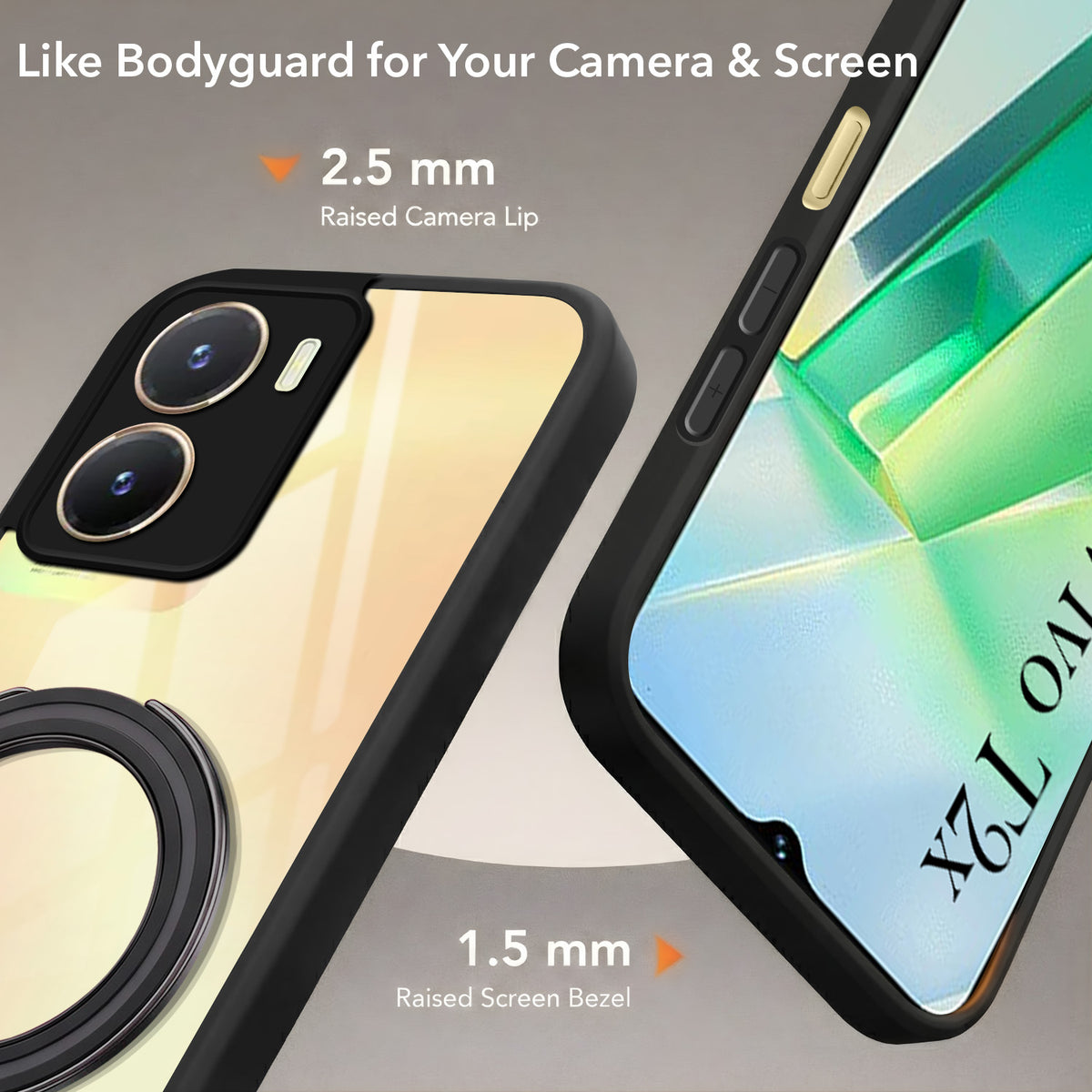 For Vivo T2x Back Cover Case (Kick Stand Ring Holder | Life time Anti Yellow | Camera Protection)