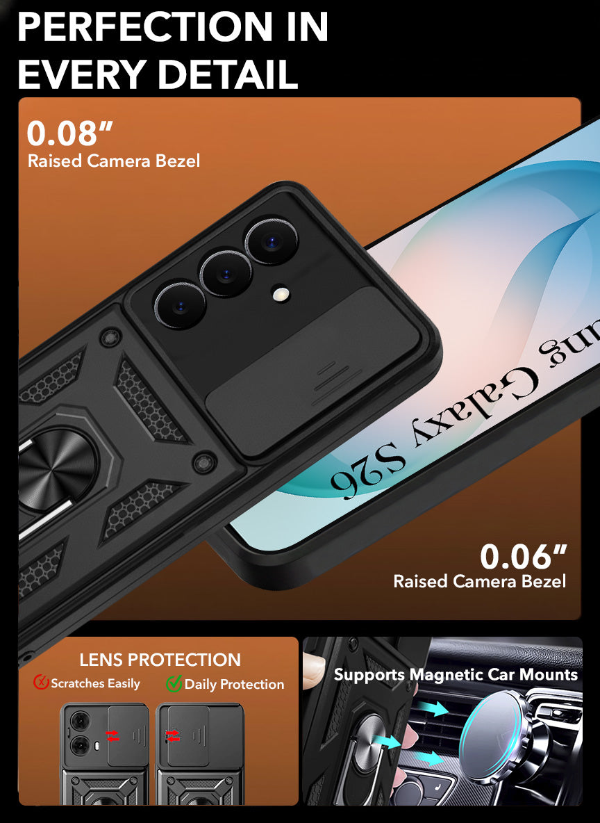For Samsung Galaxy S26 5G Back Cover Case Hybrid Armor(Sliding Shutter Camera Protection | Polycarbonate |Ring Holder Kickstand)