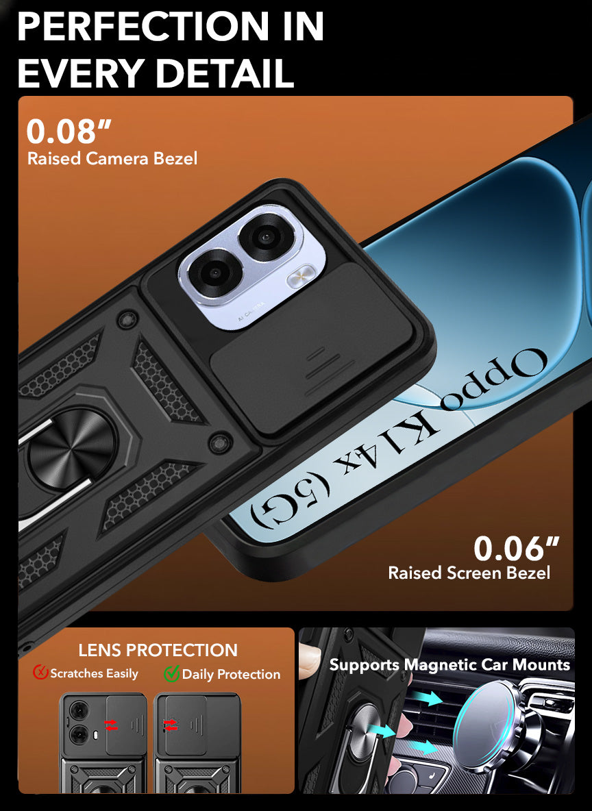 For Oppo K14x 5G Back Cover Case Hybrid Armor (Sliding Shutter Camera Protection | Polycarbonate |Ring Holder Kickstand)
