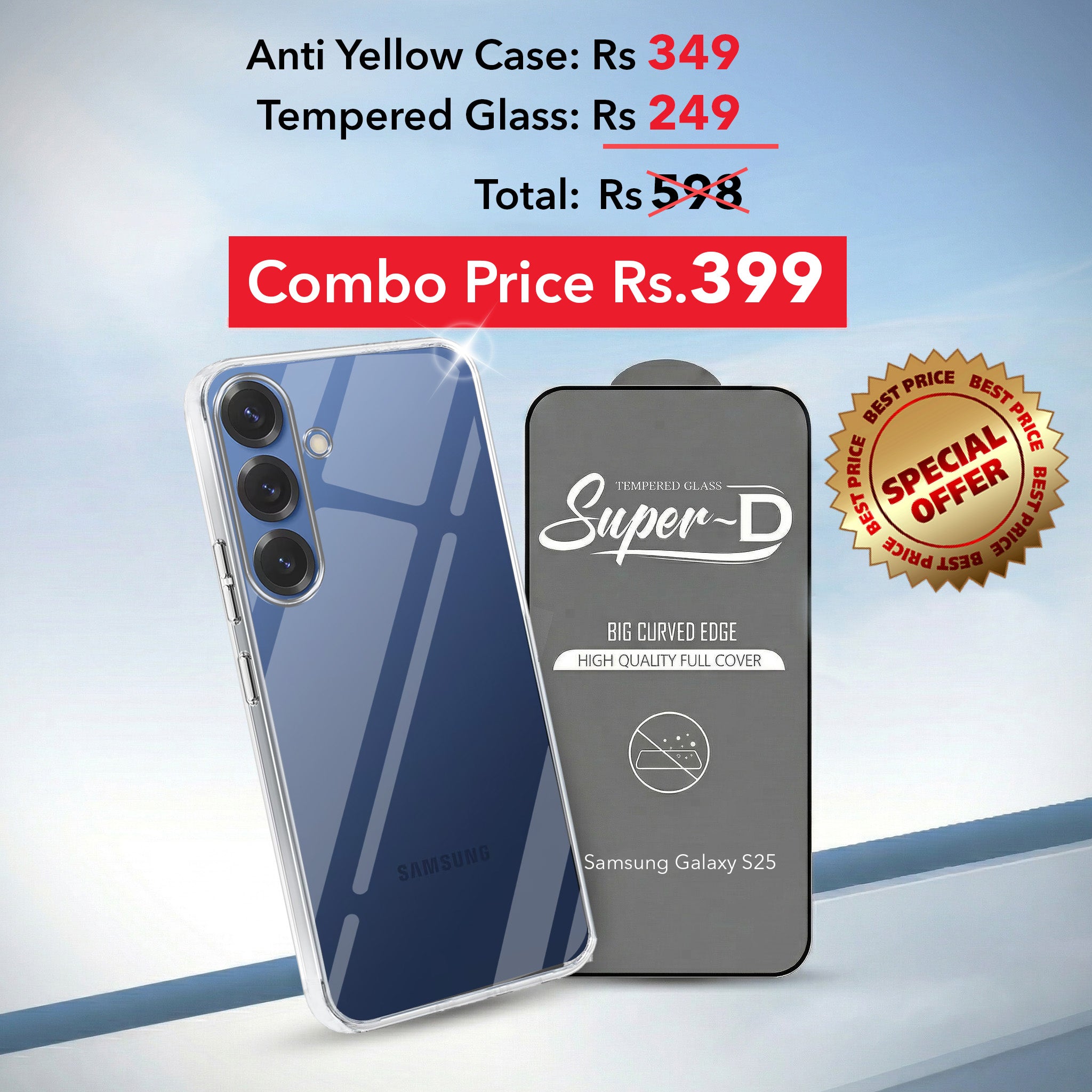 For Samsung Galaxy S25 Combo with Back Cover and 9H Tempered Glass (Lifetime Anti-Yellow | Sleek Hard Crystal | Oleophobic Coating Screen Glass)