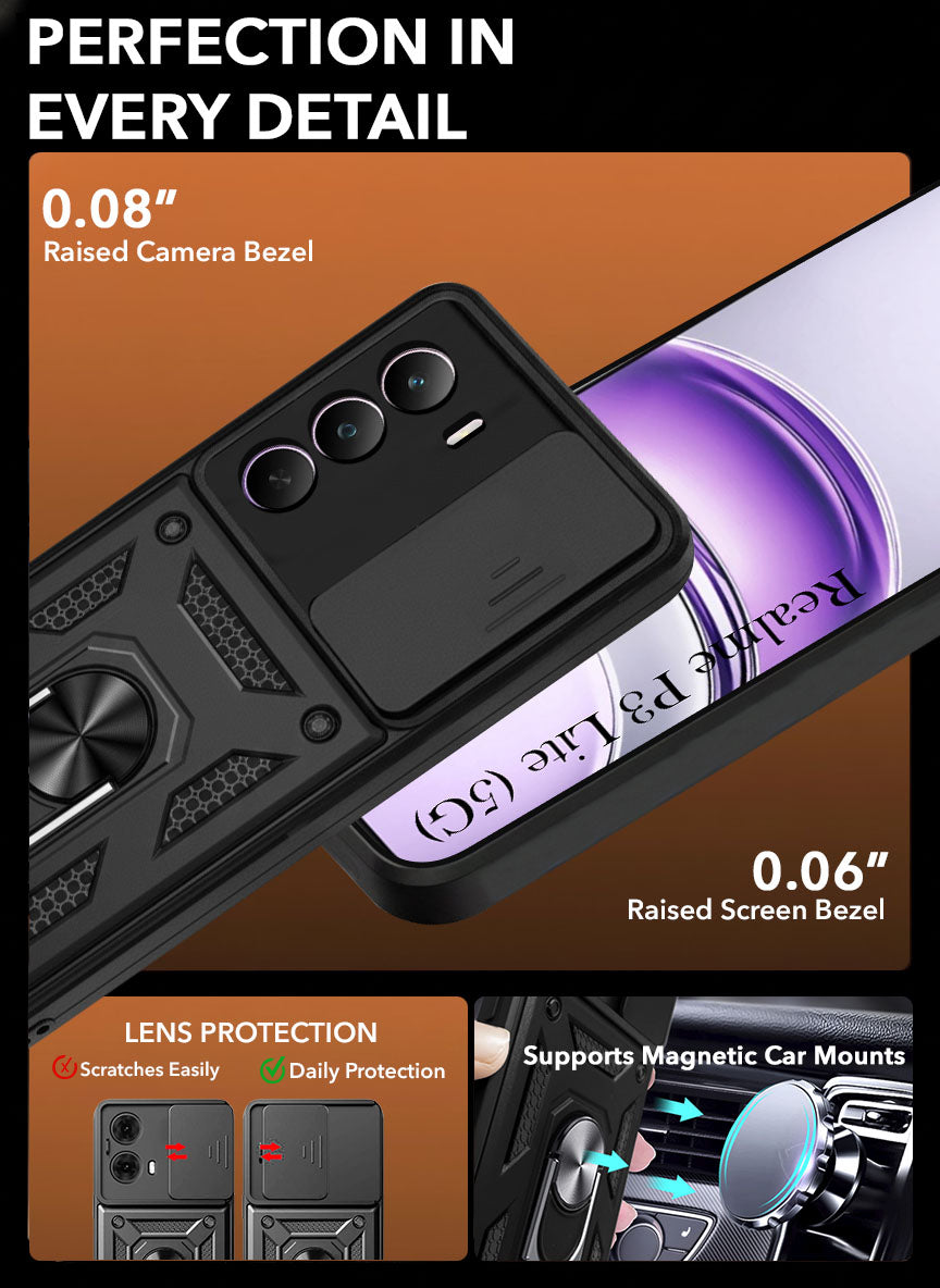 For Realme P3 Lite Back Cover Case (Sliding Shutter Camera Protection | Polycarbonate |Ring Holder Kickstand)