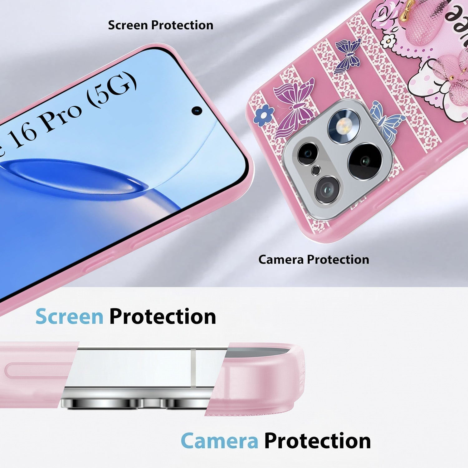 For Realme 16 Pro Back Cover Case (3D Cute Heart Strap Holder | Camera Protection | Designer Girls Print)