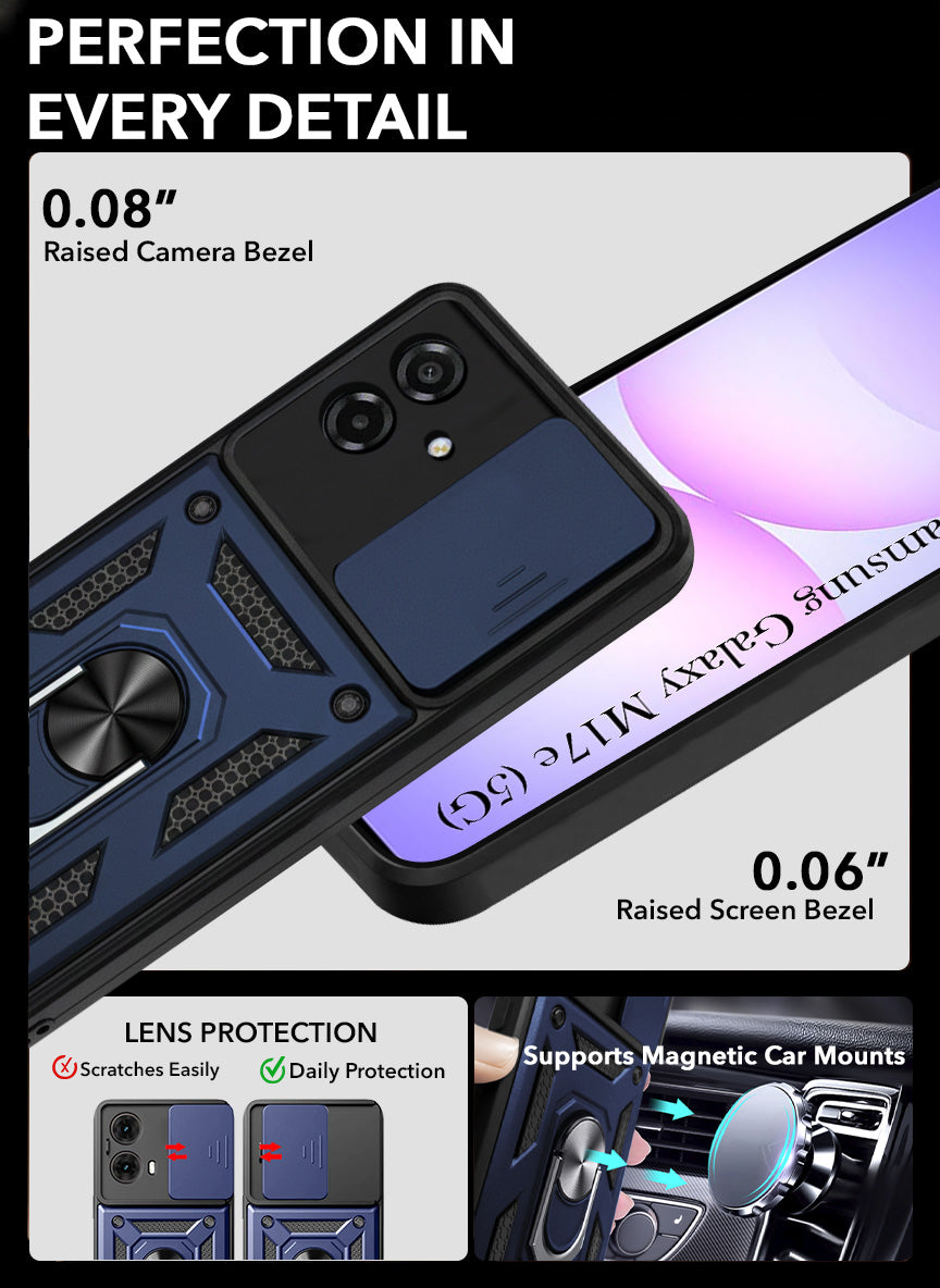 For Samsung Galaxy M17e Back Cover Case Hybrid Armor (Sliding Shutter Camera Protection | Polycarbonate |Ring Holder Kickstand)
