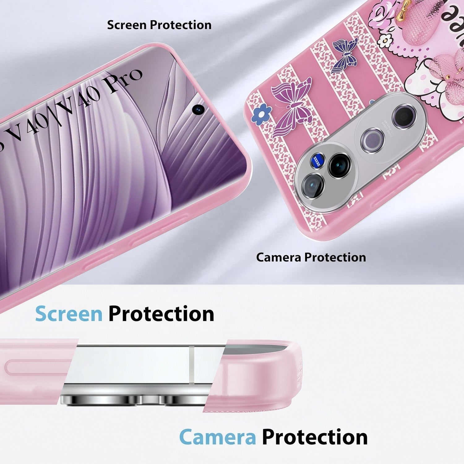 For Vivo V40 | Vivo V40 Pro 5G Back Cover Case (3D Cute Heart Strap Holder | Camera Protection | Designer Girls Print)