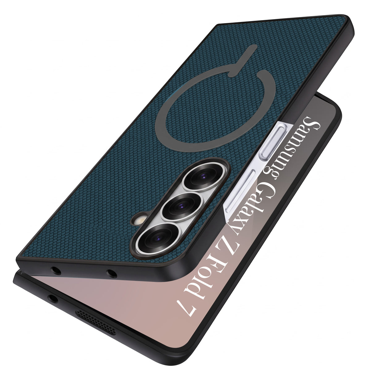 For Samsung Galaxy Z Fold 7 Premium Magnetic Back Cover Case (MagSafe Compatible | 180° Folding Design | Soft Microfiber Inner Lining | Textured Blue Finish)