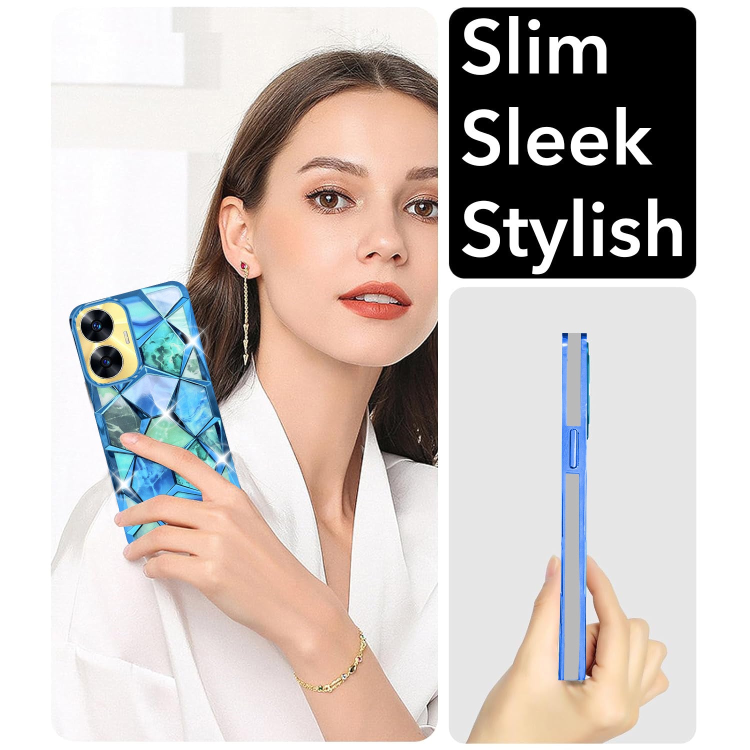 For Realme C55 Back Cover Case 3D Silicon Compatible (Dual Design Glitter Sparkle and Detachable Diamond Print Case | Soft and Flexible)