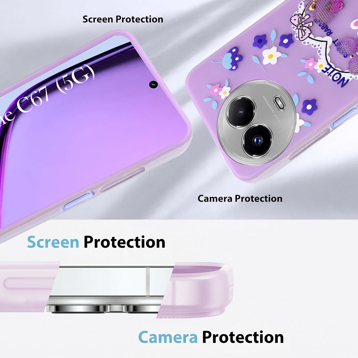 For Realme C67 Back Cover Case (3D Cute Heart Strap Holder | Camera Protection | Designer Girls Print)