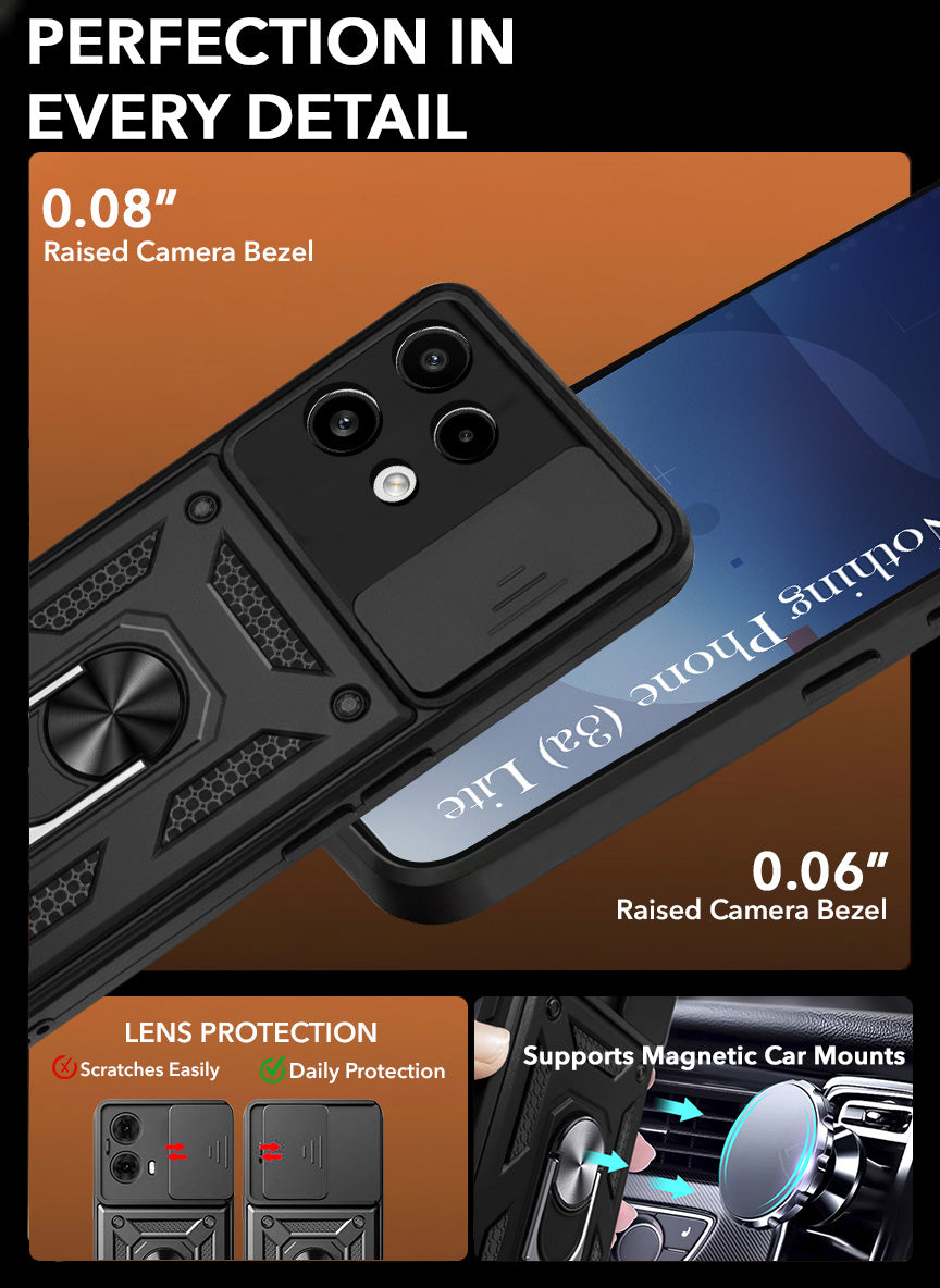 For Nothing Phone 3A Lite Back Cover Case Lite Hybrid Armor (Sliding Shutter Camera Protection | Polycarbonate |Ring Holder Kickstand)