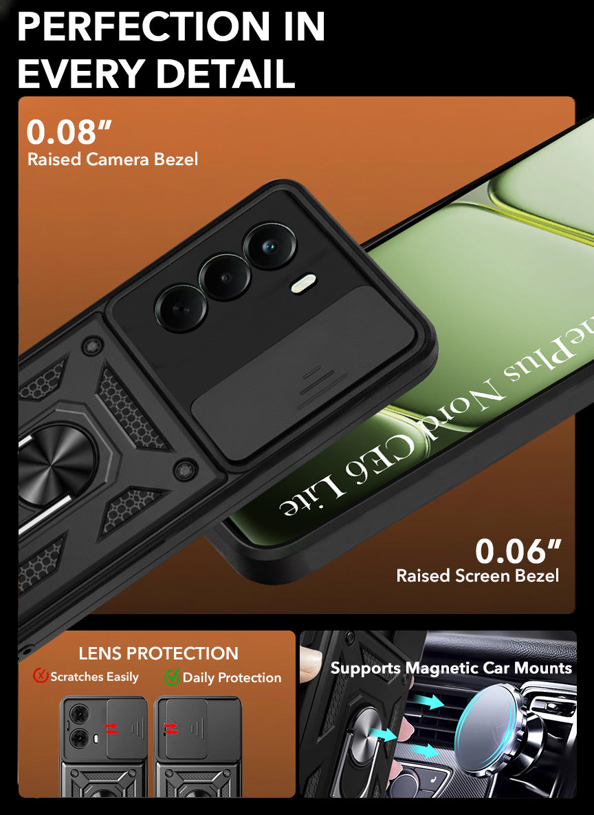 For OnePlus Nord CE 6 Lite Back Cover Case Hybrid Armor (Sliding Shutter Camera Protection | Polycarbonate |Ring Holder Kickstand)