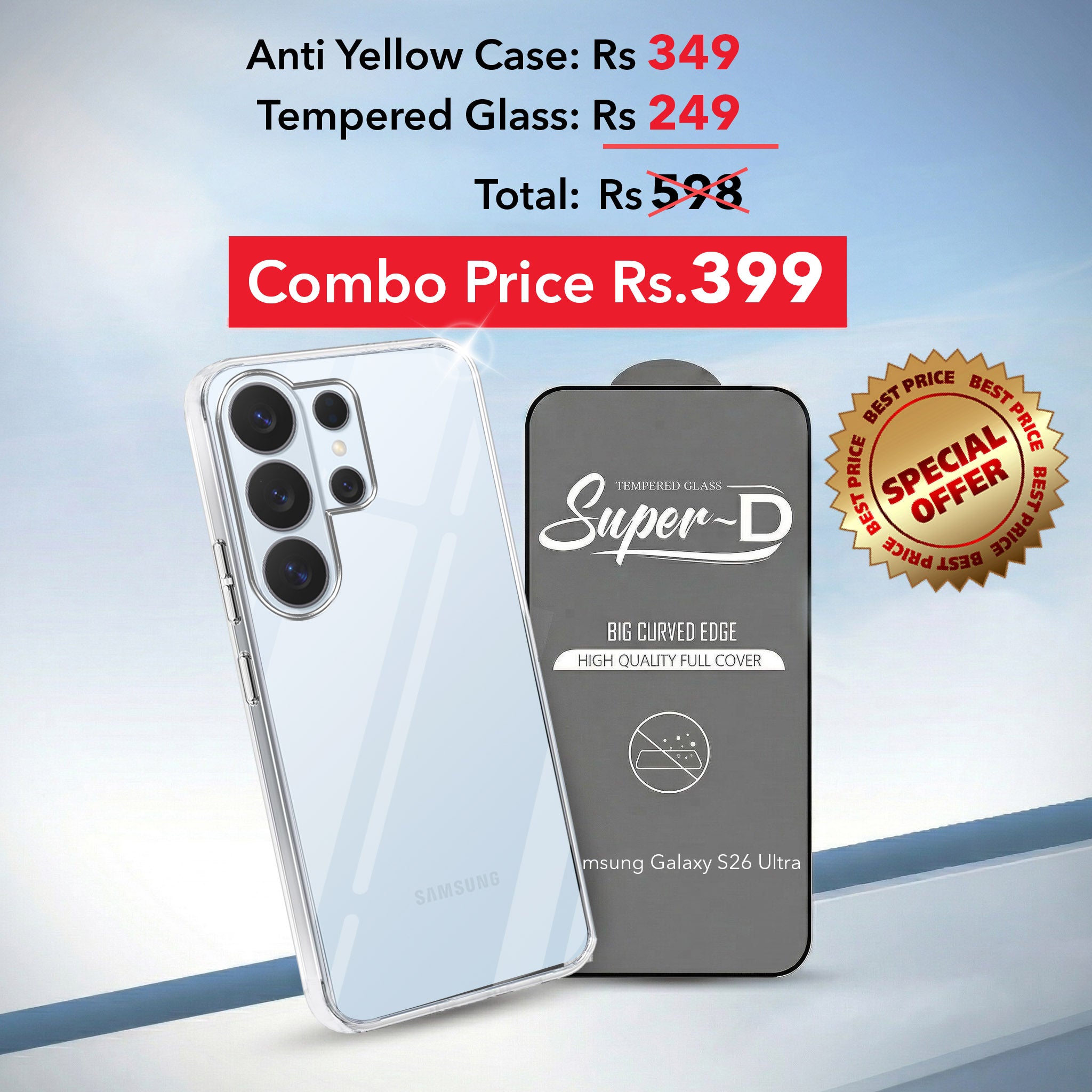 For Samsung Galaxy S26 Ultra Combo with Back Cover and 9H Tempered Glass (Lifetime Anti-Yellow | Sleek Hard Crystal | Oleophobic Coating Screen Glass)