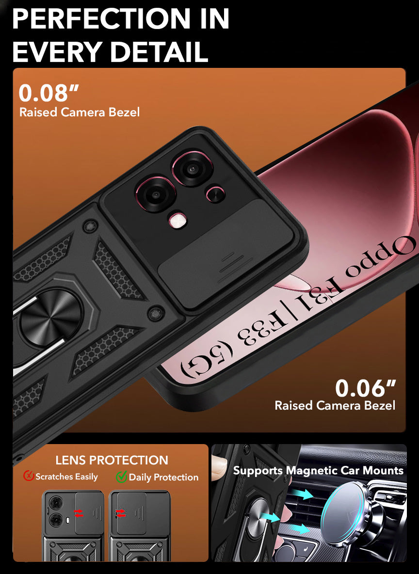 For Oppo F31 5G | Oppo F33 5G Back Cover Case Hybrid Armor (Sliding Shutter Camera Protection | Polycarbonate |Ring Holder Kickstand)