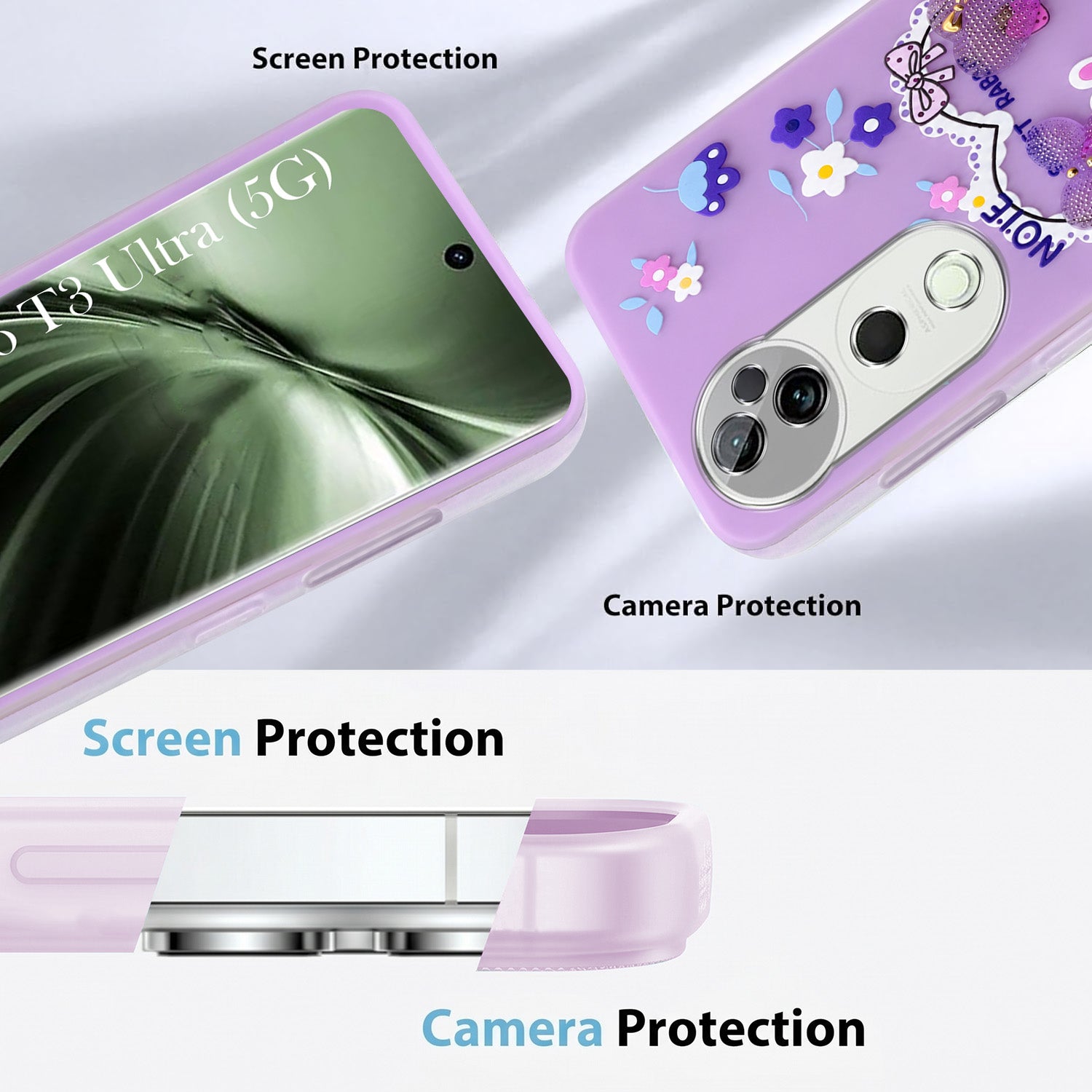 For Vivo T3 Ultra Back Cover Case (3D Cute Heart Strap Holder | Camera Protection | Designer Girls Print)