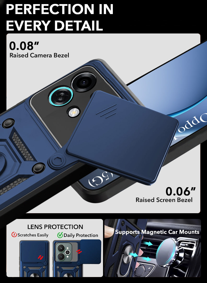 For Oppo K13 Turbo | Oppo K13 Turbo Pro Back Cover Case Hybrid Armor (Sliding Shutter Camera Protection | Polycarbonate |Ring Holder Kickstand)