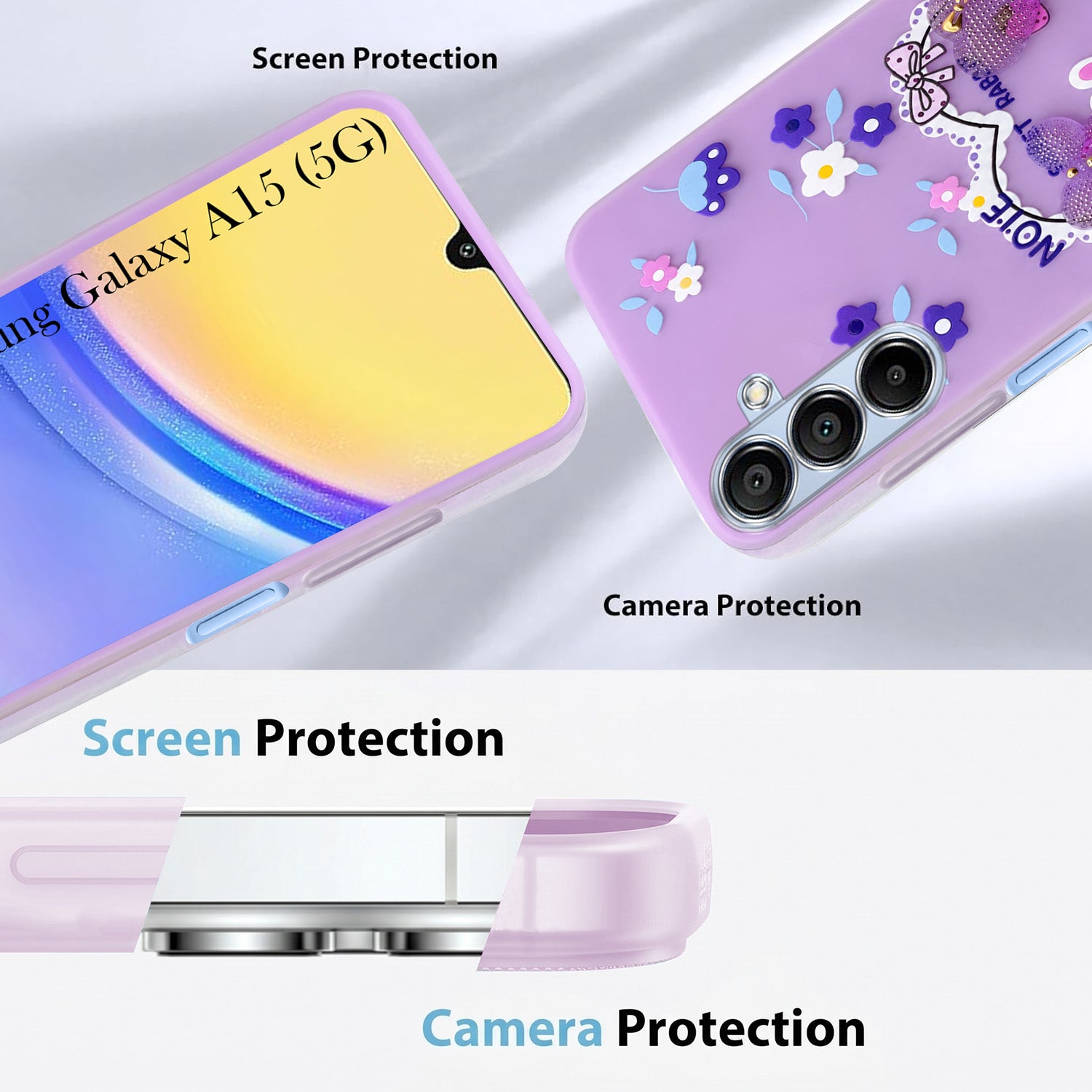 For Samsung Galaxy A15 5G Back Cover Case (3D Cute Heart Strap Holder | Camera Protection | Designer Girls Print)