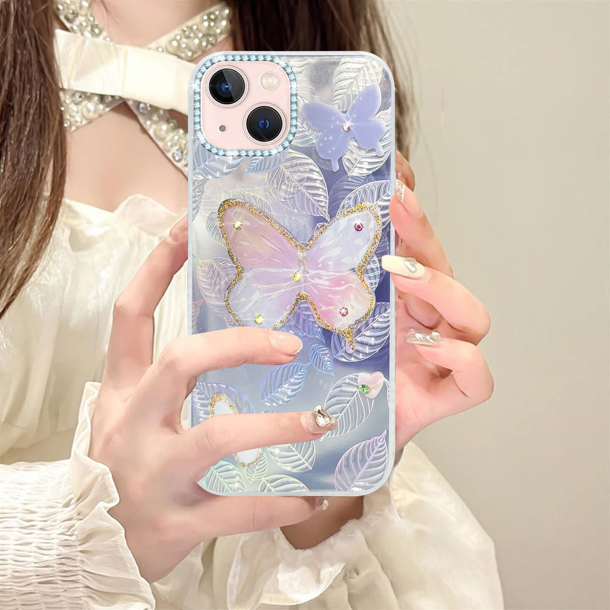 For Apple iPhone 14 Plus Back Cover Case (Luxury Floral Glitter Cute Butterfly | Diamond Studded Camera Bump | Girls & Women Design)