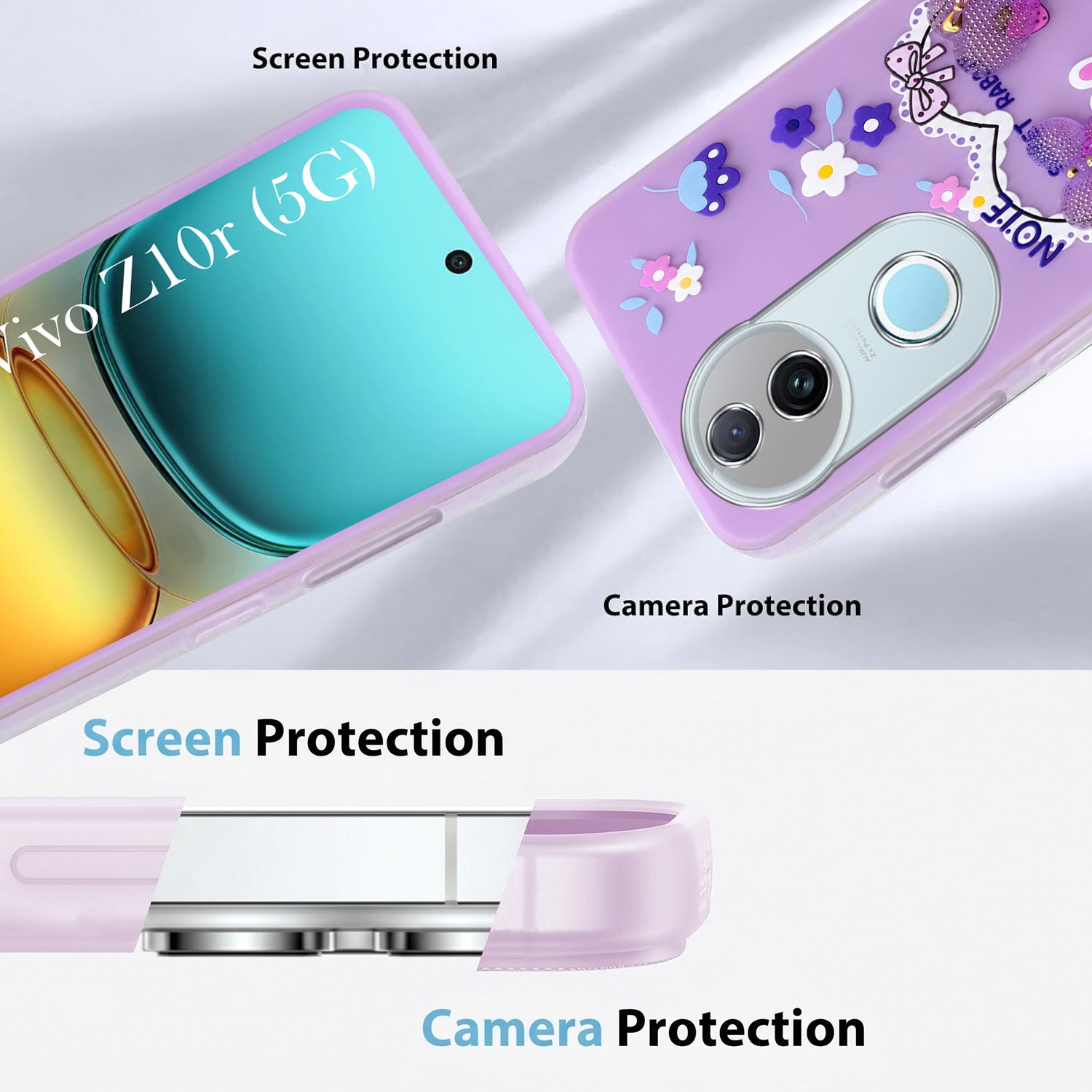 For Vivo iQOO Z10R Back Cover Case (3D Cute Heart Strap Holder | Camera Protection | Designer Girls Print)