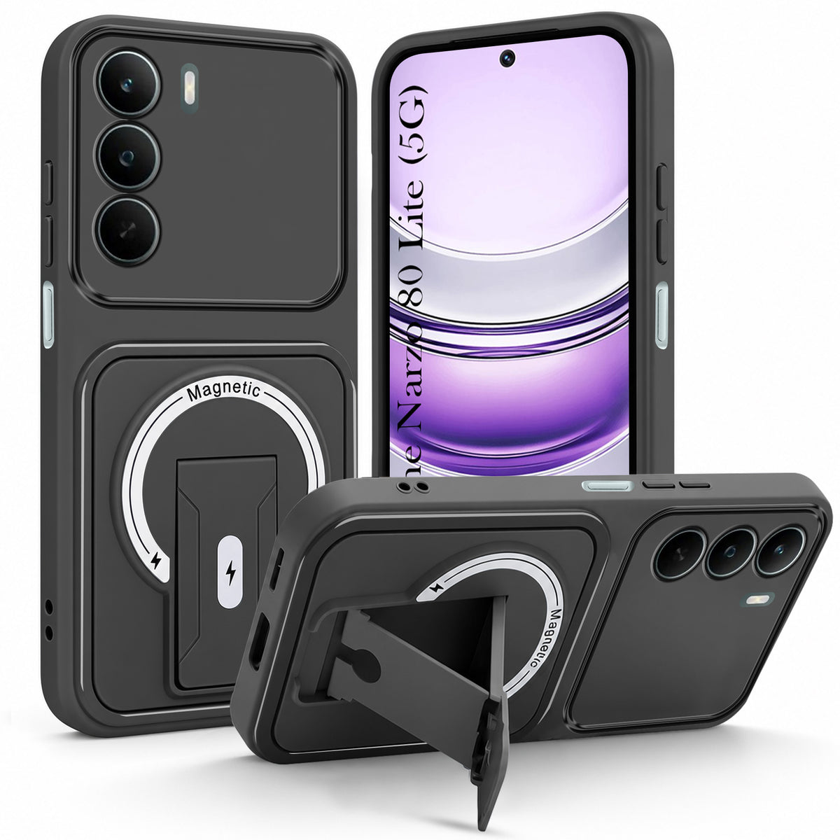 For Realme Narzo 80 Lite 5G Back Case Cover Metallic (Hybrid Armor Kickstand | MagSafe Compatible | Camera Protection Shockproof)