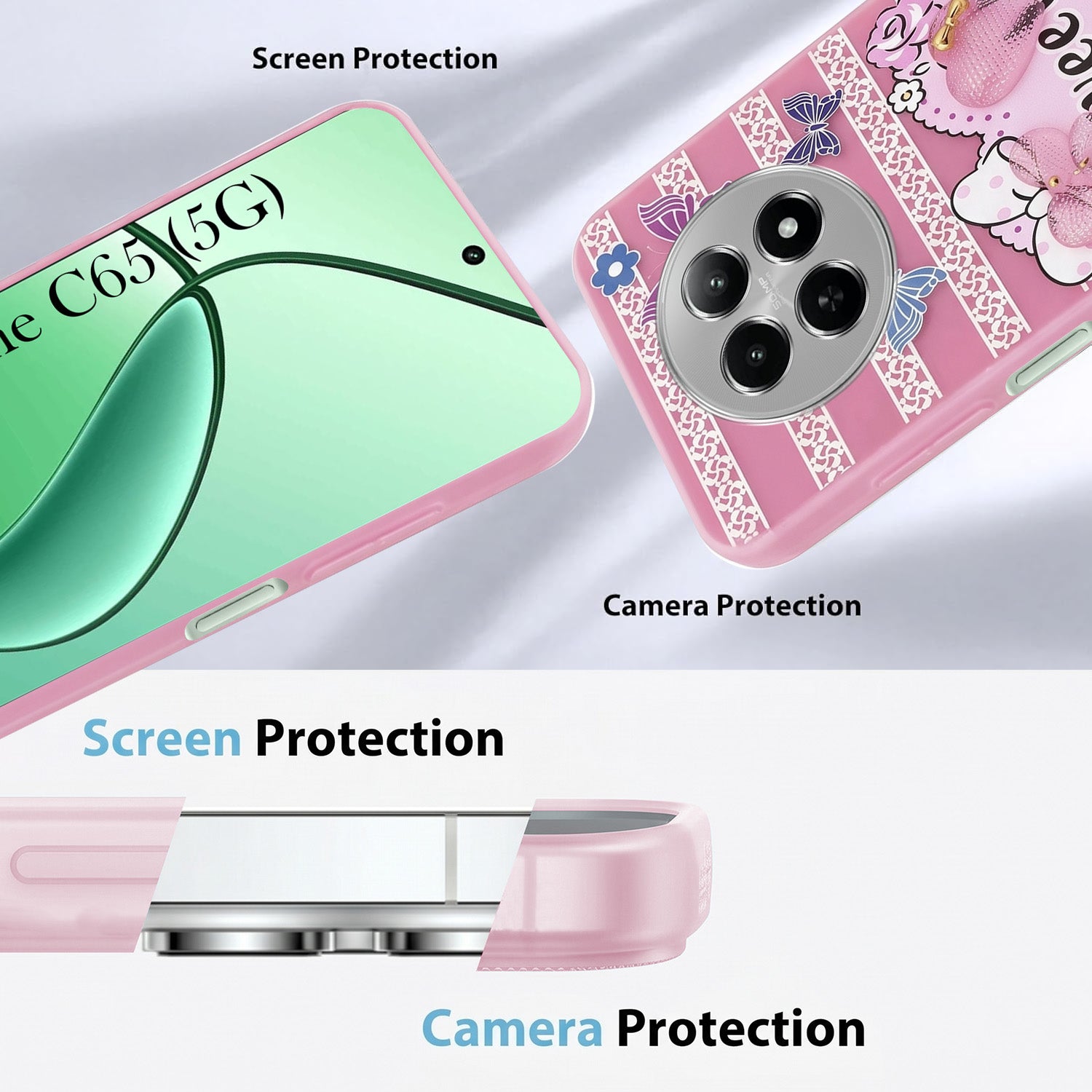 For Realme C65 5G Back Cover Case (3D Cute Heart Strap Holder | Camera Protection | Designer Girls Print)