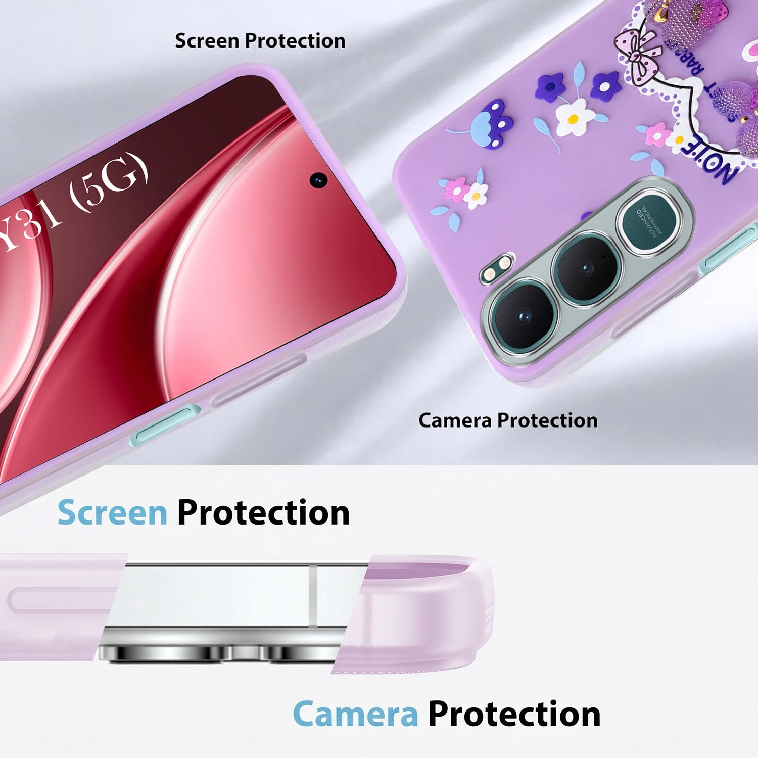 For Vivo Y31 5G Back Cover Case (3D Cute Heart Strap Holder | Camera Protection | Designer Girls Print)