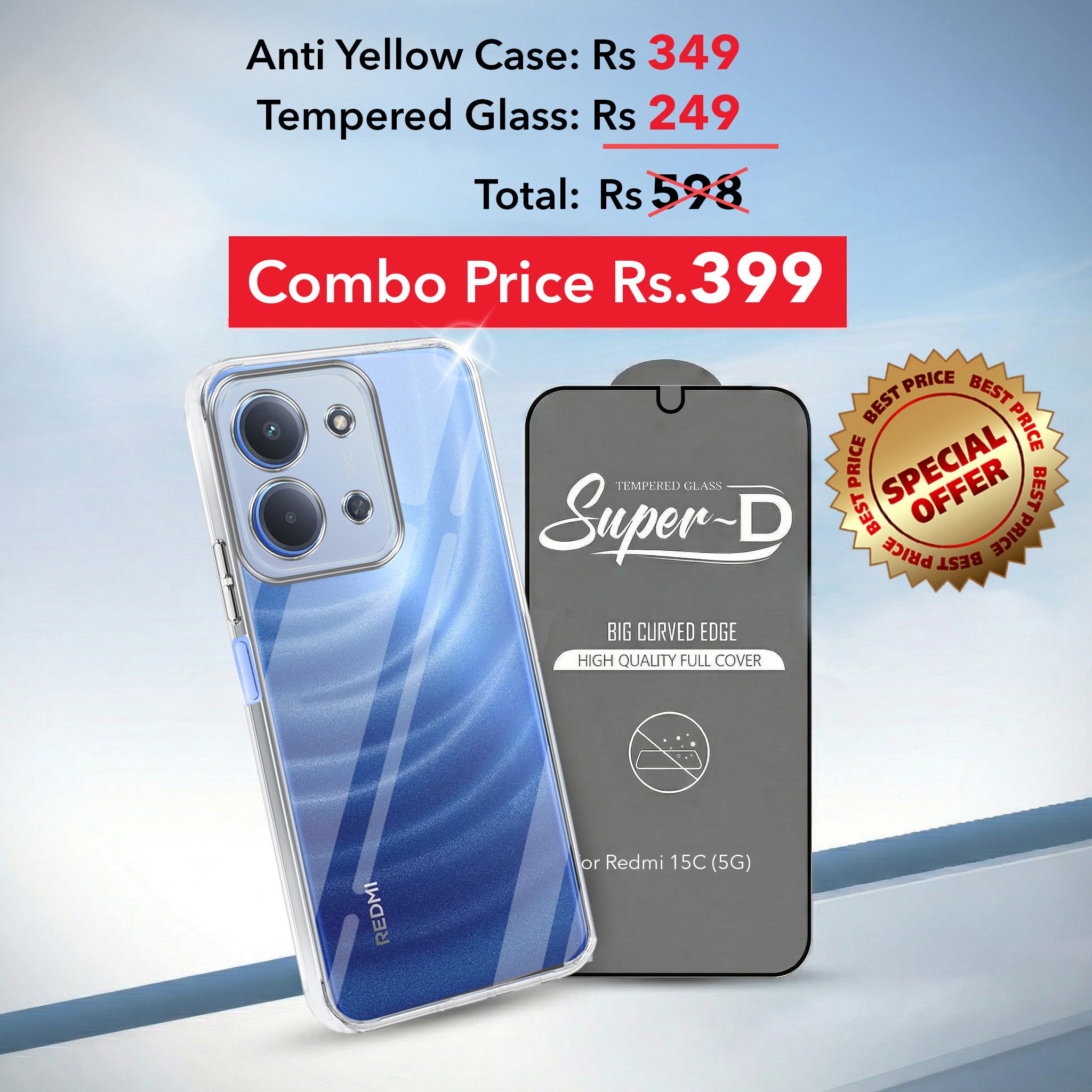 For Redmi 15C Combo with Back Cover and 9H Tempered Glass (Lifetime Anti-Yellow | Sleek Hard Crystal | Oleophobic Coating Screen Glass)