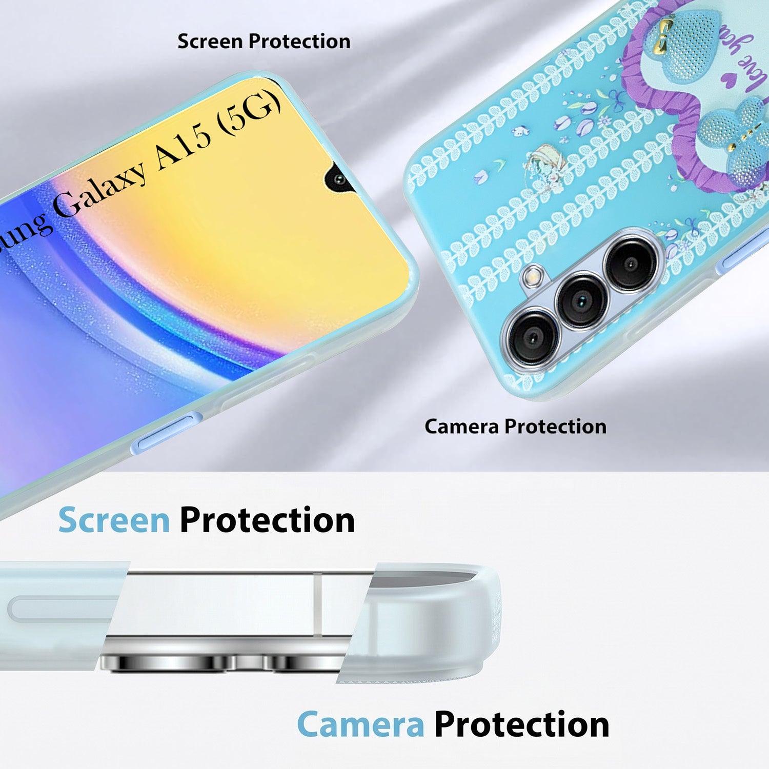 For Samsung Galaxy A15 5G Back Cover Case (3D Cute Heart Strap Holder | Camera Protection | Designer Girls Print)