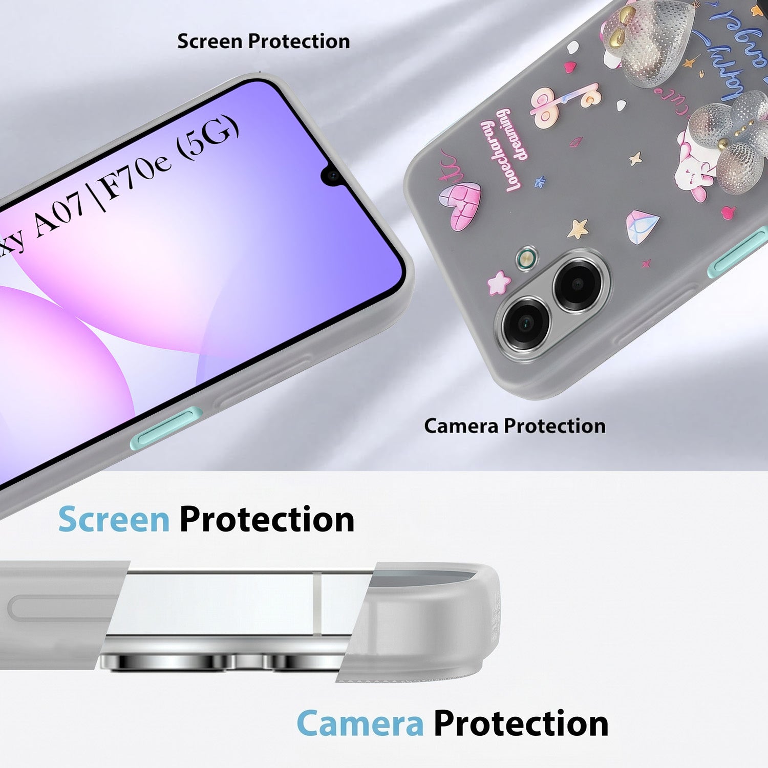 For Samsung Galaxy A07 5G | F70e 5G Back Cover Case (3D Cute Heart Strap Holder | Camera Protection | Designer Girls Print)