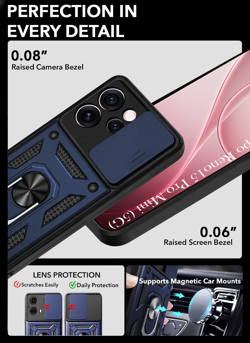 For Oppo Reno15 Pro Mini 5G | Oppo Reno 15 Pro Mini 5G Back Cover Case Hybrid Armor (Sliding Shutter Camera Protection | Polycarbonate |Ring Holder Kickstand)