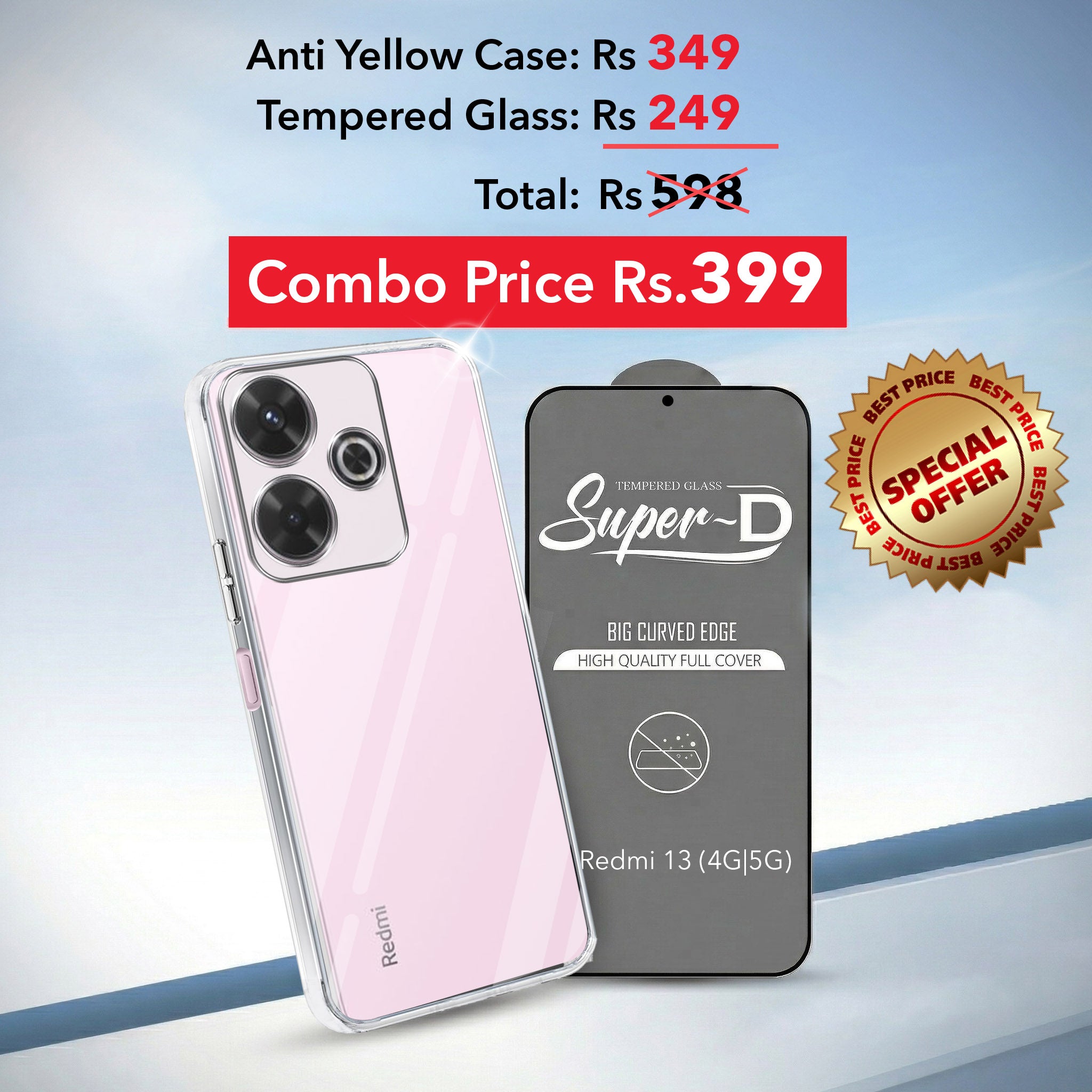 For Xiaomi Mi Redmi 13 4G | 5G Combo with Back Cover and 9H Tempered Glass (Lifetime Anti-Yellow | Sleek Hard Crystal | Oleophobic Coating Screen Glass)
