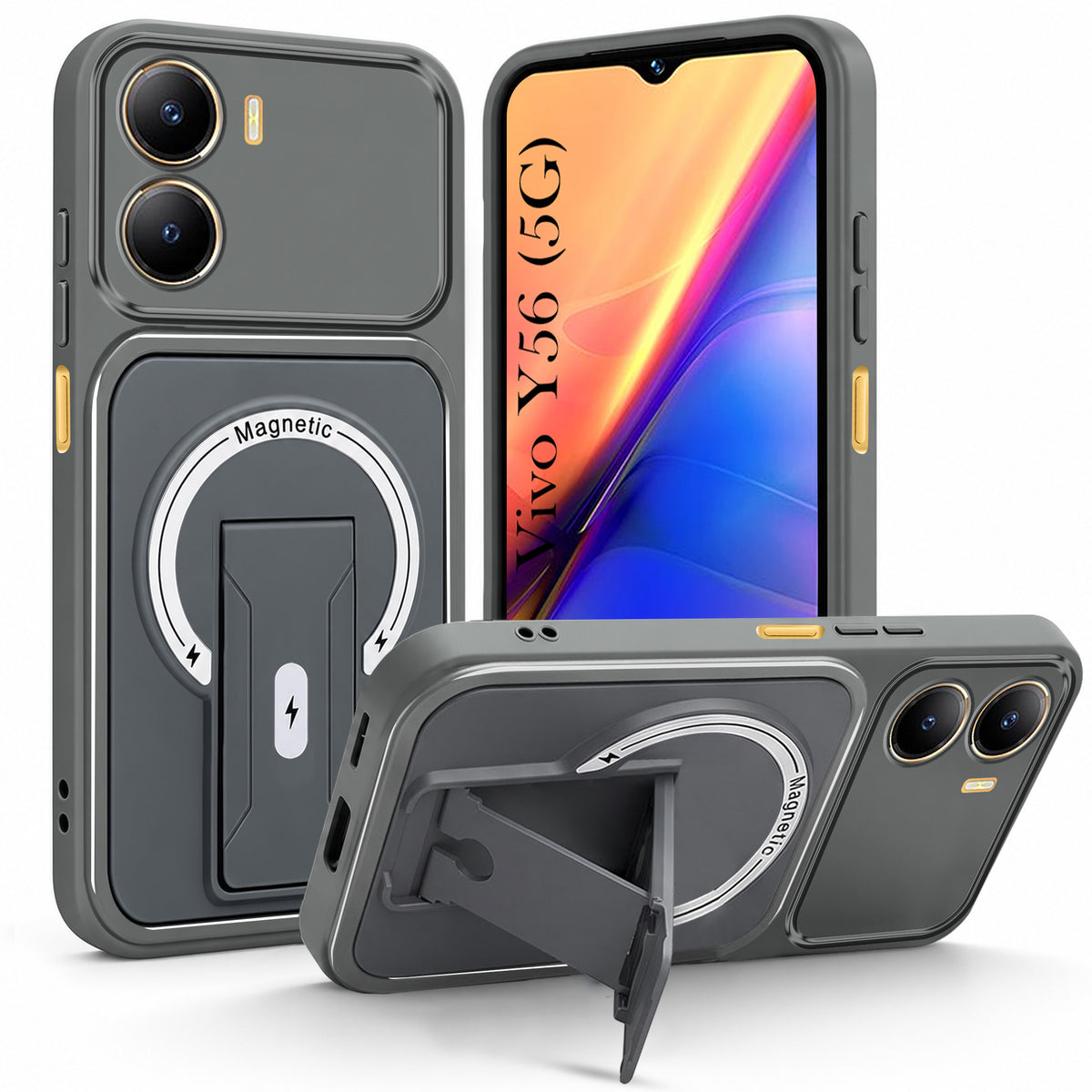For Vivo Y56 5G Back Case Cover Metallic (Hybrid Armor Kickstand | MagSafe Compatible | Camera Protection Shockproof)