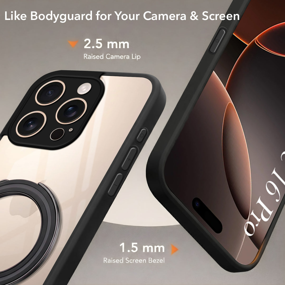 For Apple iPhone 16 Pro Back Cover Case (Kick Stand Ring Holder | Life time Anti Yellow | Camera Protection)
