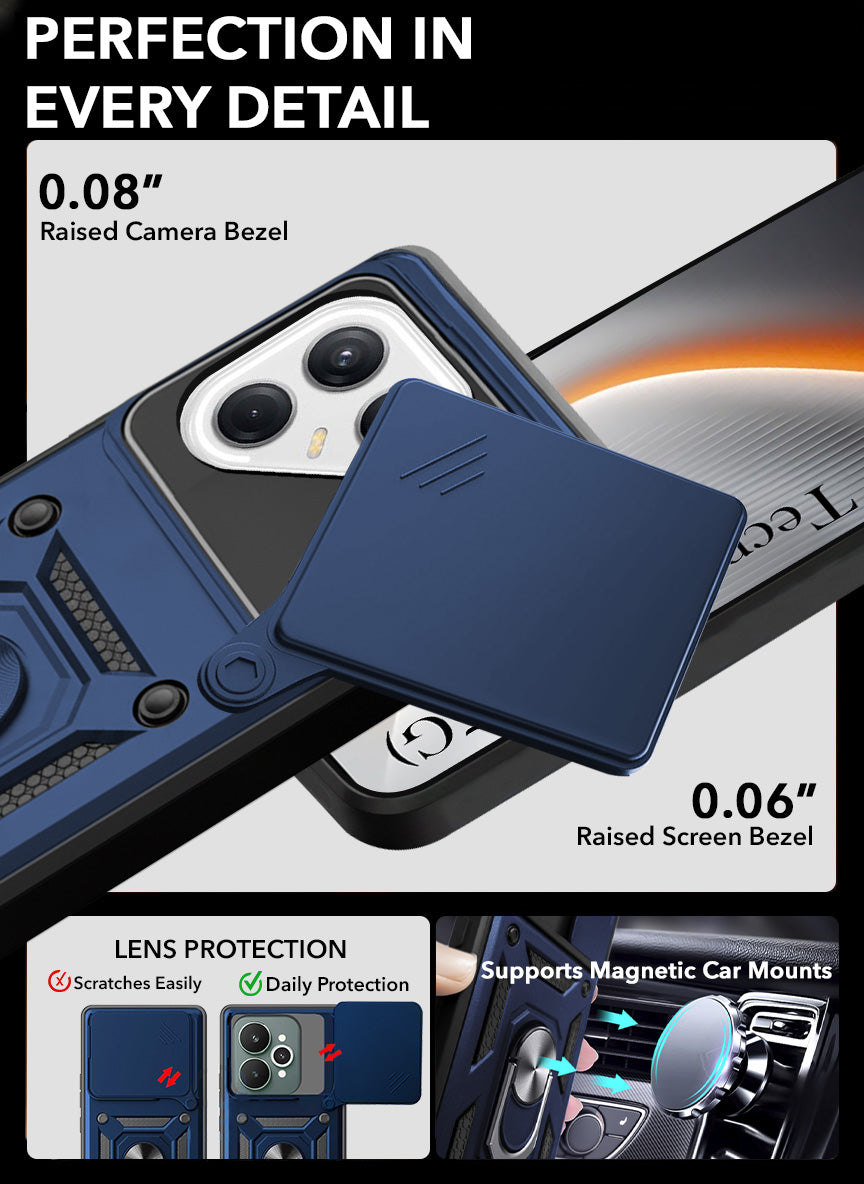 For Tecno Pova 7 5G Back Cover Case Hybrid Armor (Sliding Shutter Camera Protection | Polycarbonate |Ring Holder Kickstand)