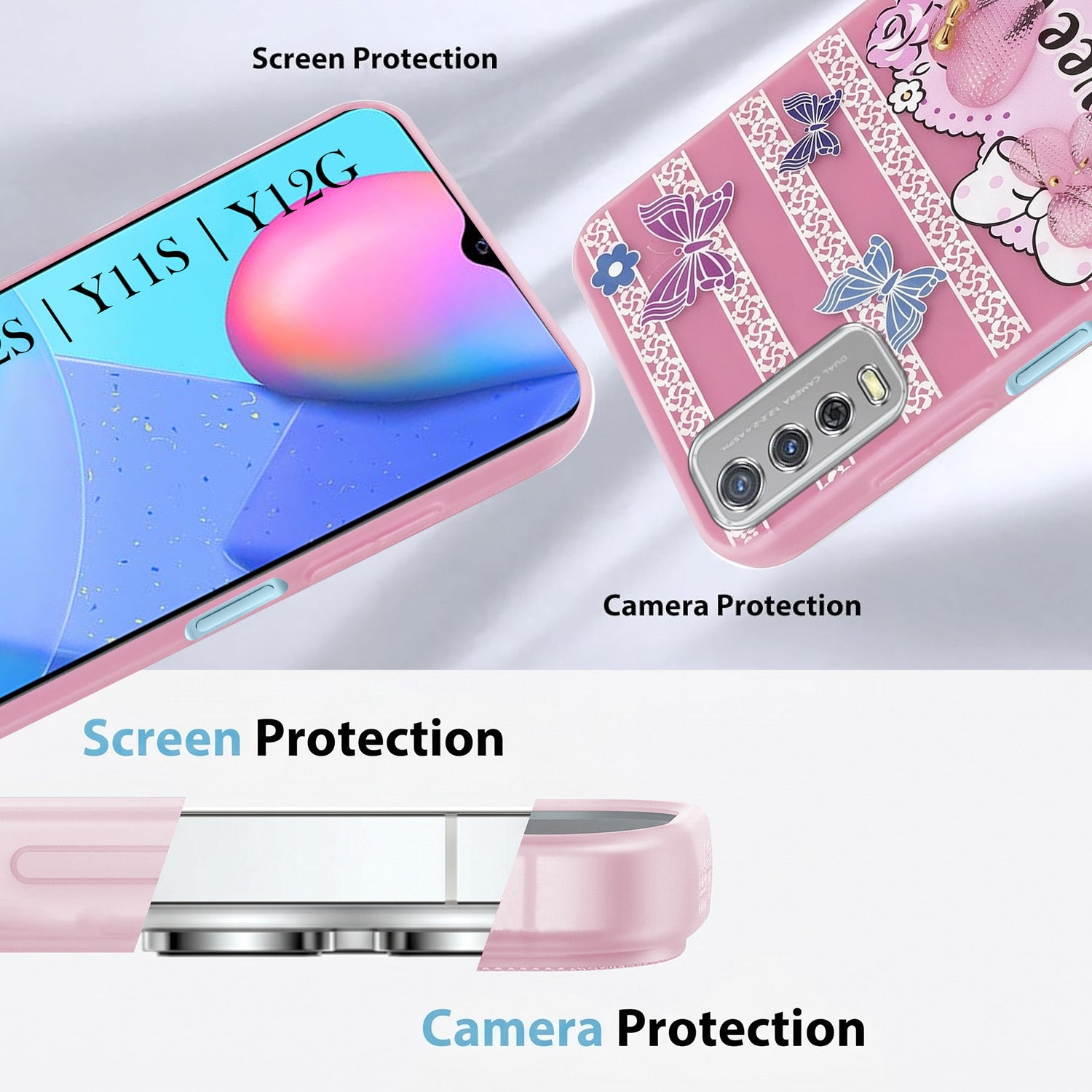 For Vivo Y12s | Y11s | Y12G Back Cover Case (3D Cute Heart Strap Holder | Camera Protection | Designer Girls Print)