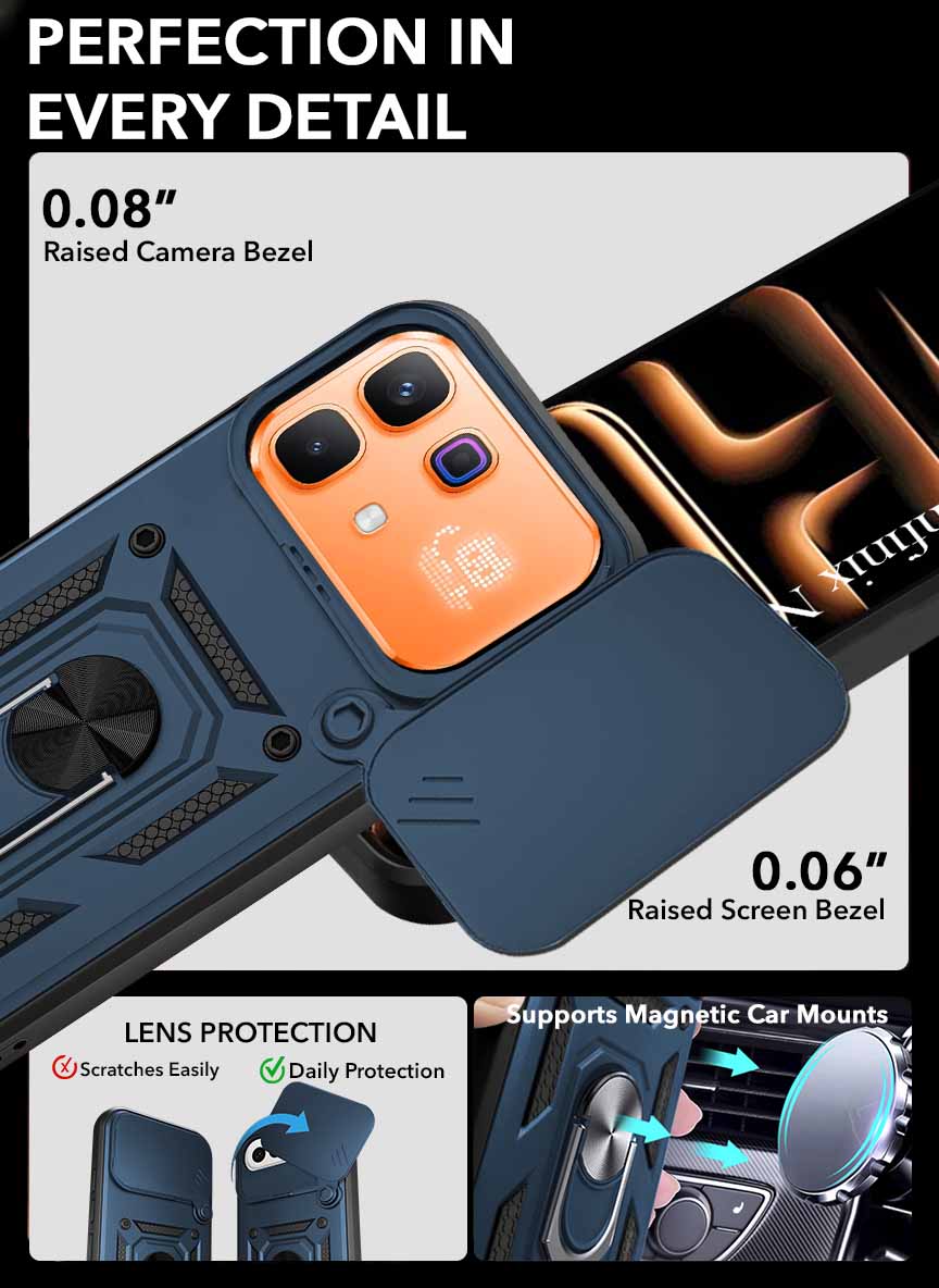 For Infinix Note 60 Pro 5G Back Cover Case Hybrid Armor (Sliding Shutter Camera Protection | Polycarbonate |Ring Holder Kickstand)