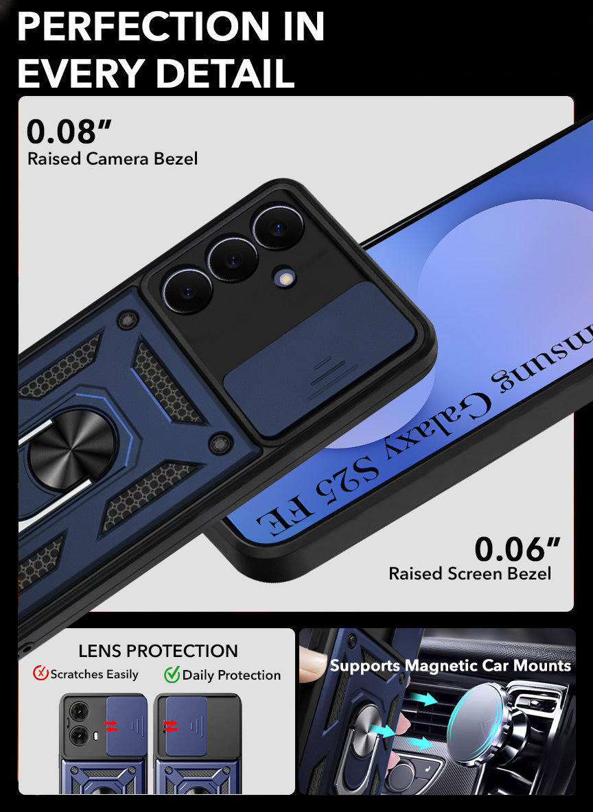 For Samsung Galaxy S25 FE Back Cover Case Hybrid Armor (Sliding Shutter Camera Protection | Polycarbonate |Ring Holder Kickstand)