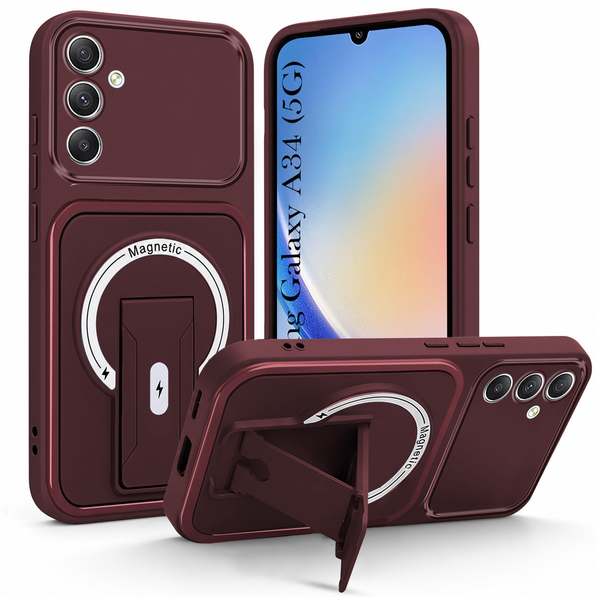 For Samsung Galaxy A34 5G Back Case Cover Metallic (Hybrid Armor Kickstand | MagSafe Compatible | Camera Protection Shockproof)