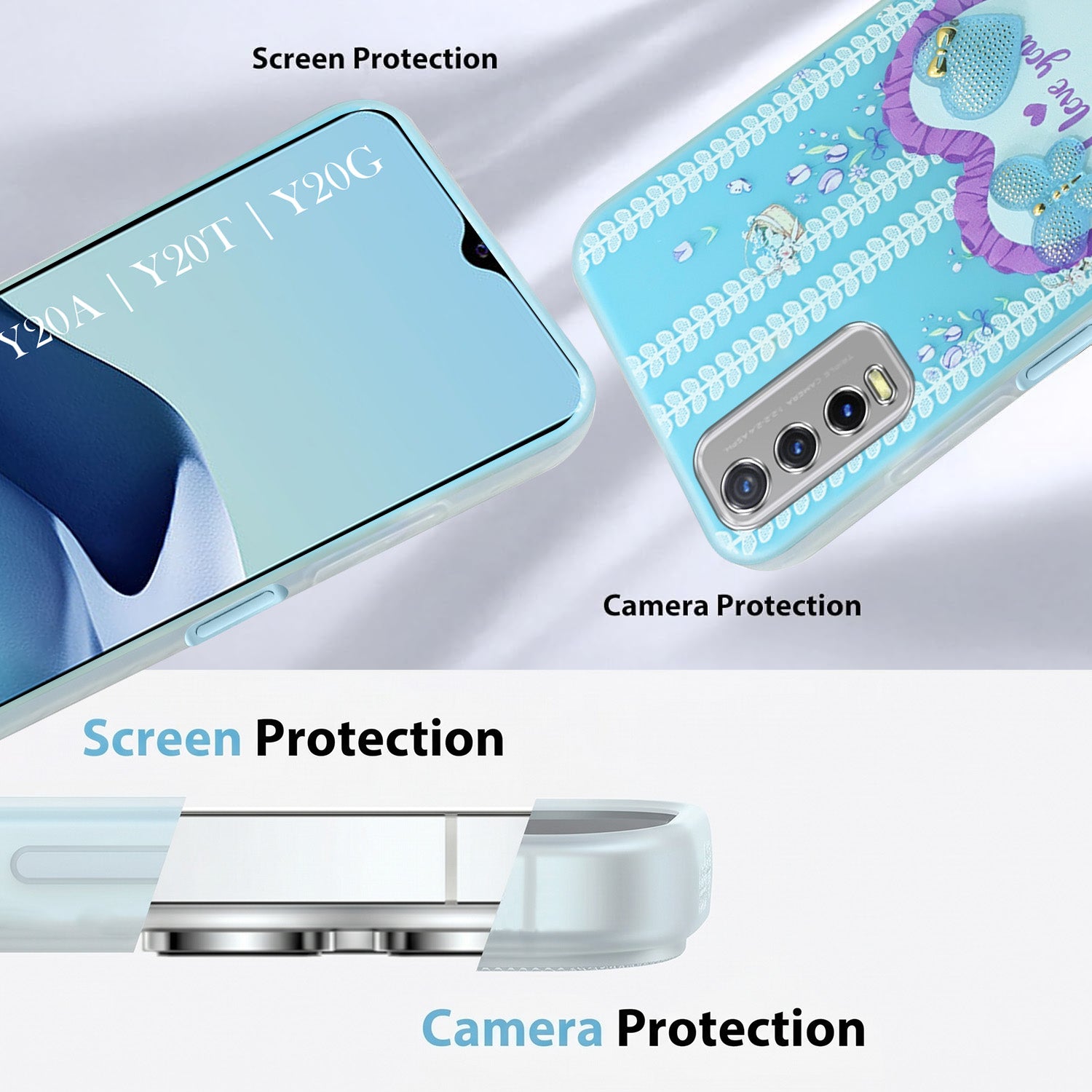 For Vivo Y20A | Y20T | Y20G Back Cover Case (3D Cute Heart Strap Holder | Camera Protection | Designer Girls Print)