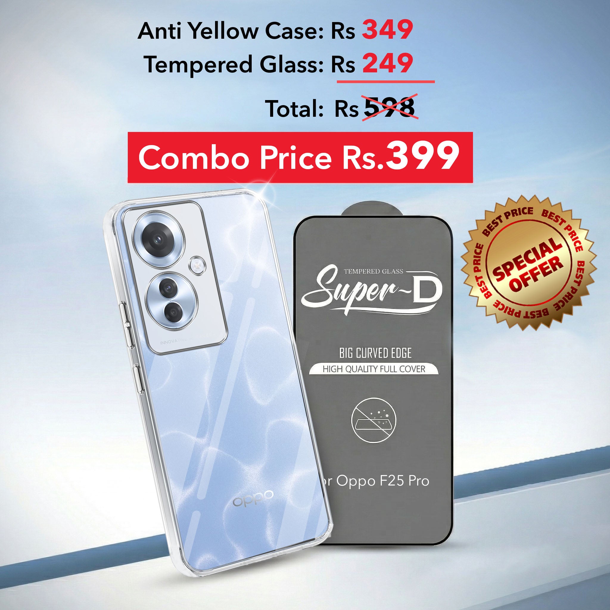 For Oppo F25 Pro 5G Combo with Back Cover and 9H Tempered Glass (Lifetime Anti-Yellow | Sleek Hard Crystal | Oleophobic Coating Screen Glass)