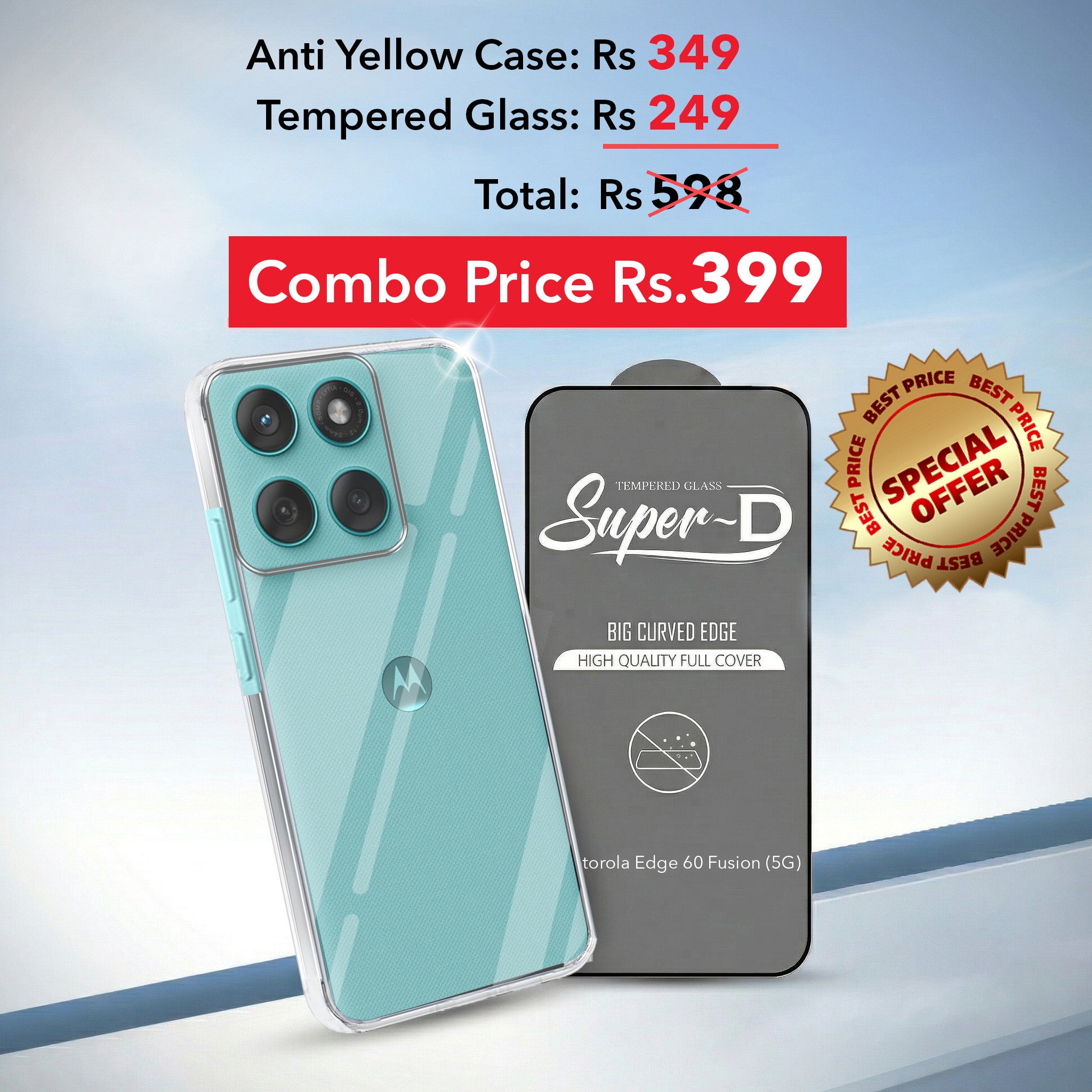 For Motorola Moto Edge 60 Fusion Combo with Back Cover and 9H Tempered Glass (Lifetime Anti-Yellow | Sleek Hard Crystal | Oleophobic Coating Screen Glass)