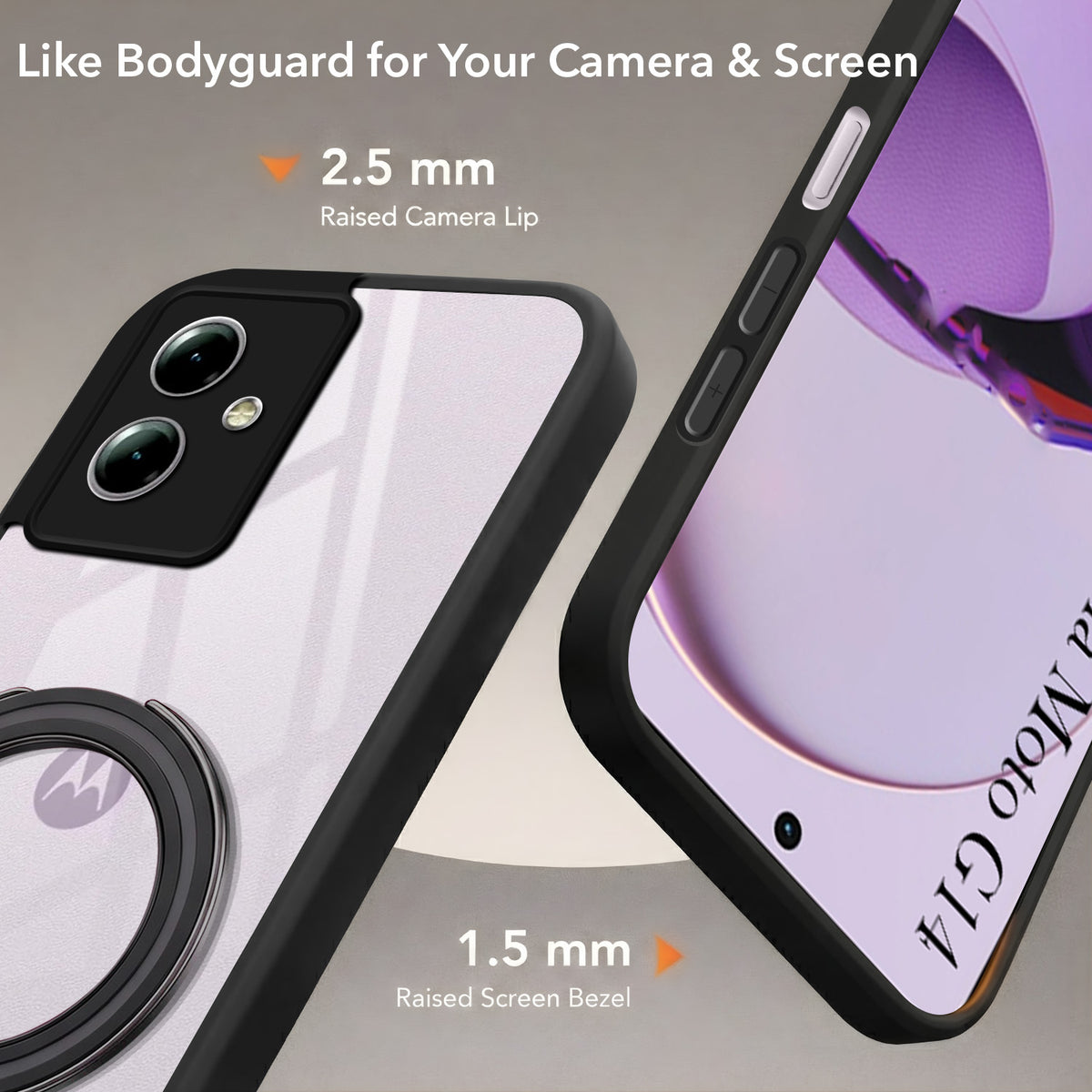 For Motorola Moto G14 Back Cover Case (Kick Stand Ring Holder | Life time Anti Yellow | Camera Protection)