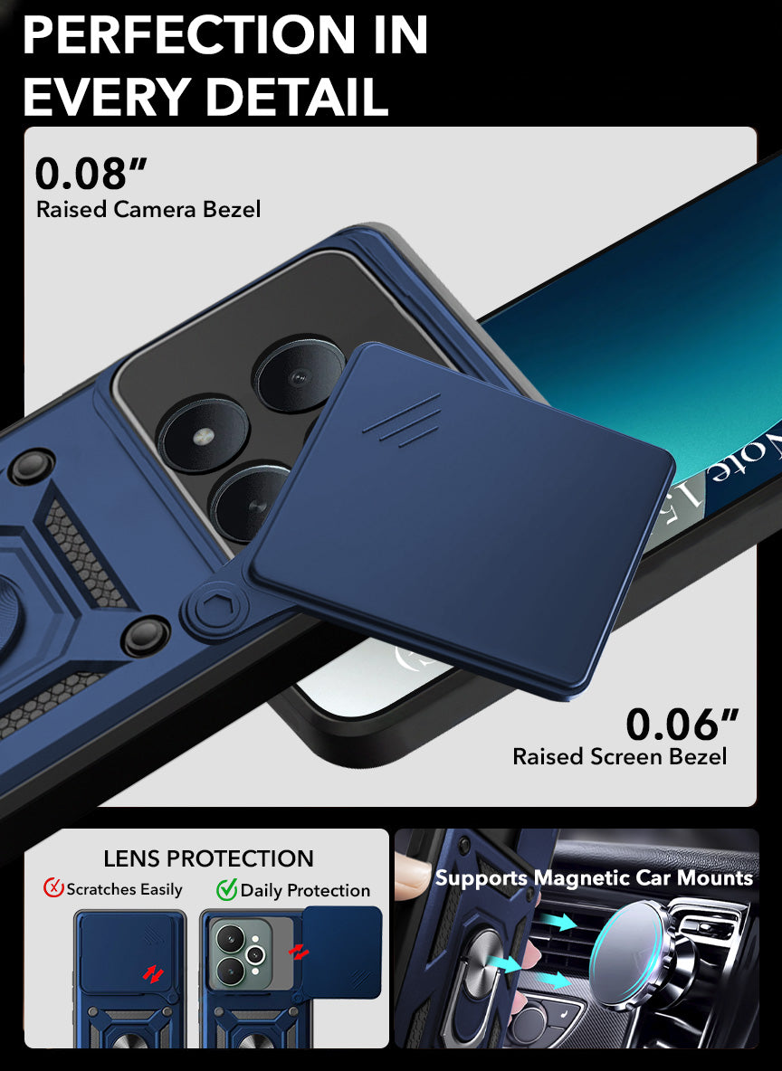 For Xiaomi Redmi Note 15 Pro Plus 5G Back Cover Case Hybrid Armor (Sliding Shutter Camera Protection | Polycarbonate |Ring Holder Kickstand)