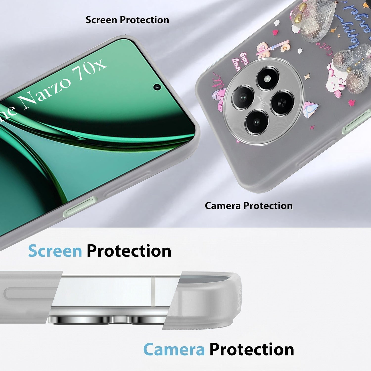 For Realme Narzo 70x 5G Back Cover Case (3D Cute Heart Strap Holder | Camera Protection | Designer Girls Print)