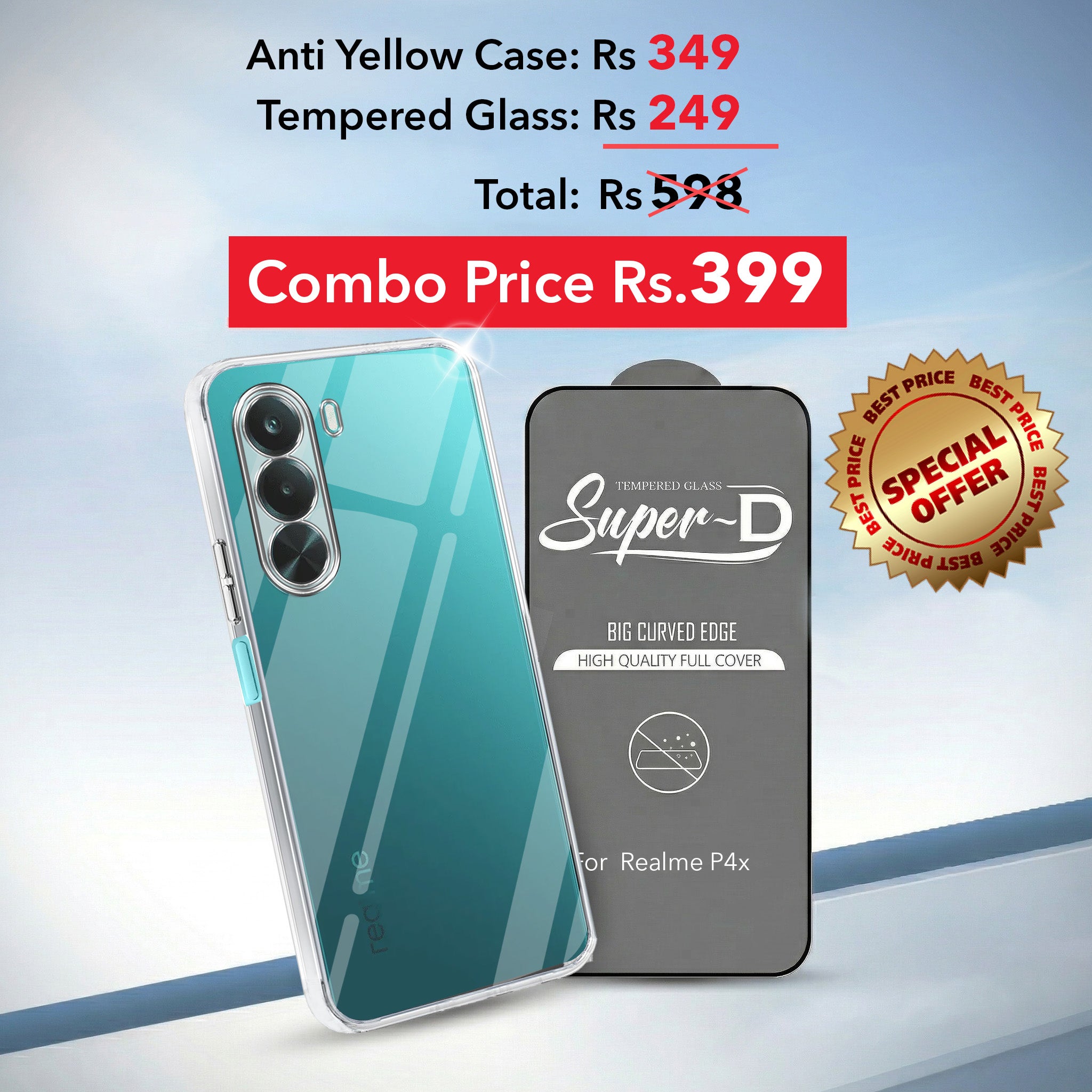 For Realme P4x Combo with Back Cover and 9H Tempered Glass (Lifetime Anti-Yellow | Sleek Hard Crystal | Oleophobic Coating Screen Glass)